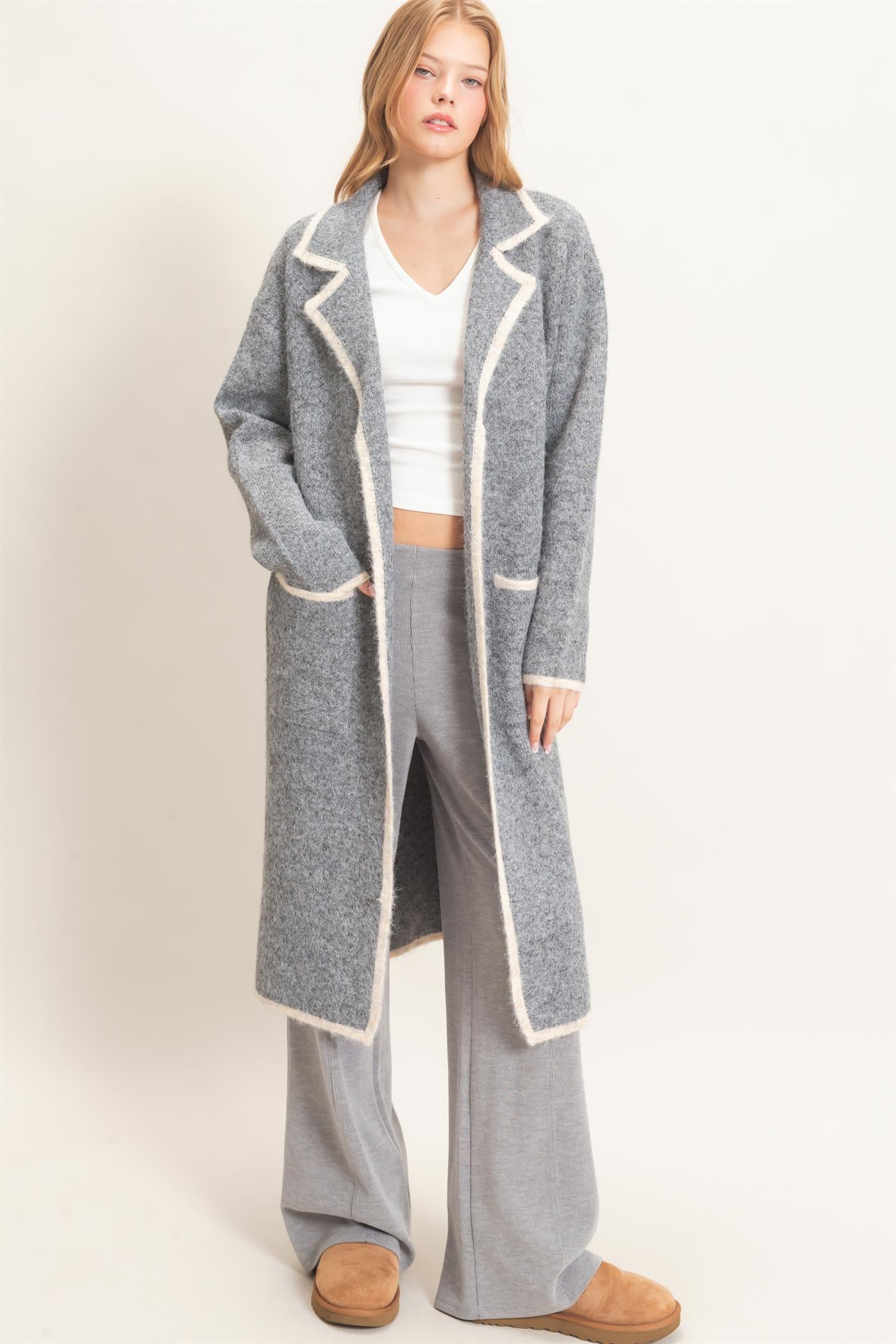 Wholesale Notched Collar Coatigan Sweater Cardigans HF26E695 GRAY HYFVE