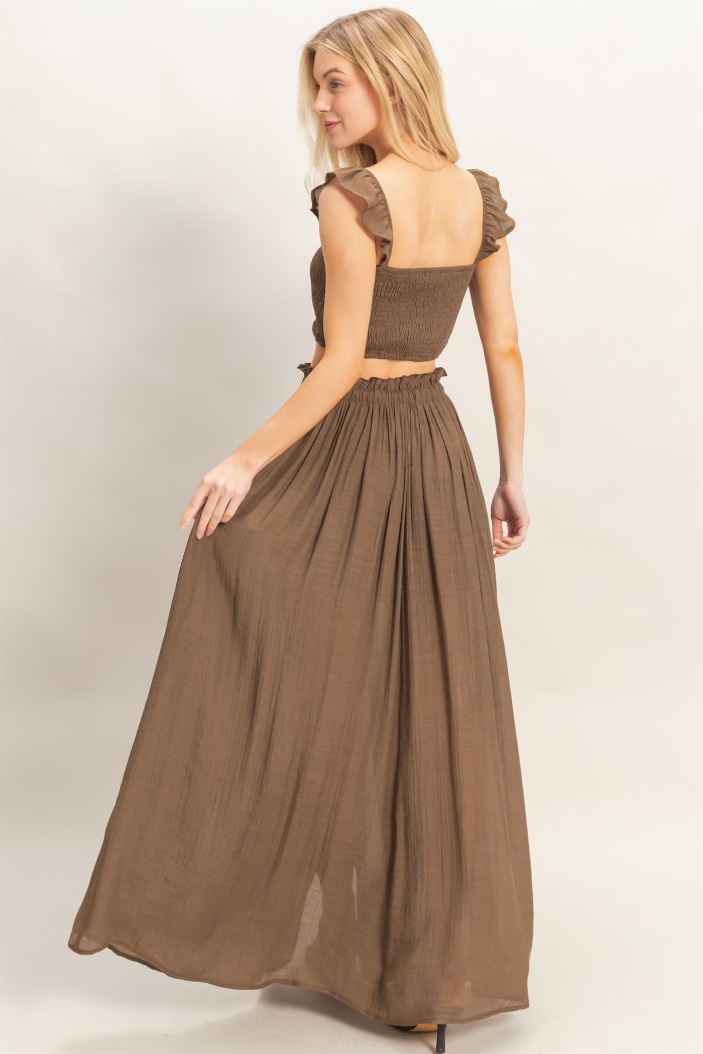 Wholesale Smocked Top & Maxi Skirt Set Clothing HF26C292-SET-D CHOCOLATE HYFVE