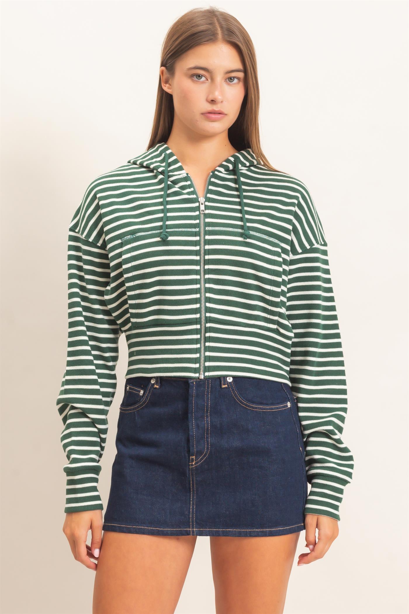 Wholesale Striped Zip-Up Hoodie Hoodies DZ26E433 DARK GREEN DOUBLE ZERO