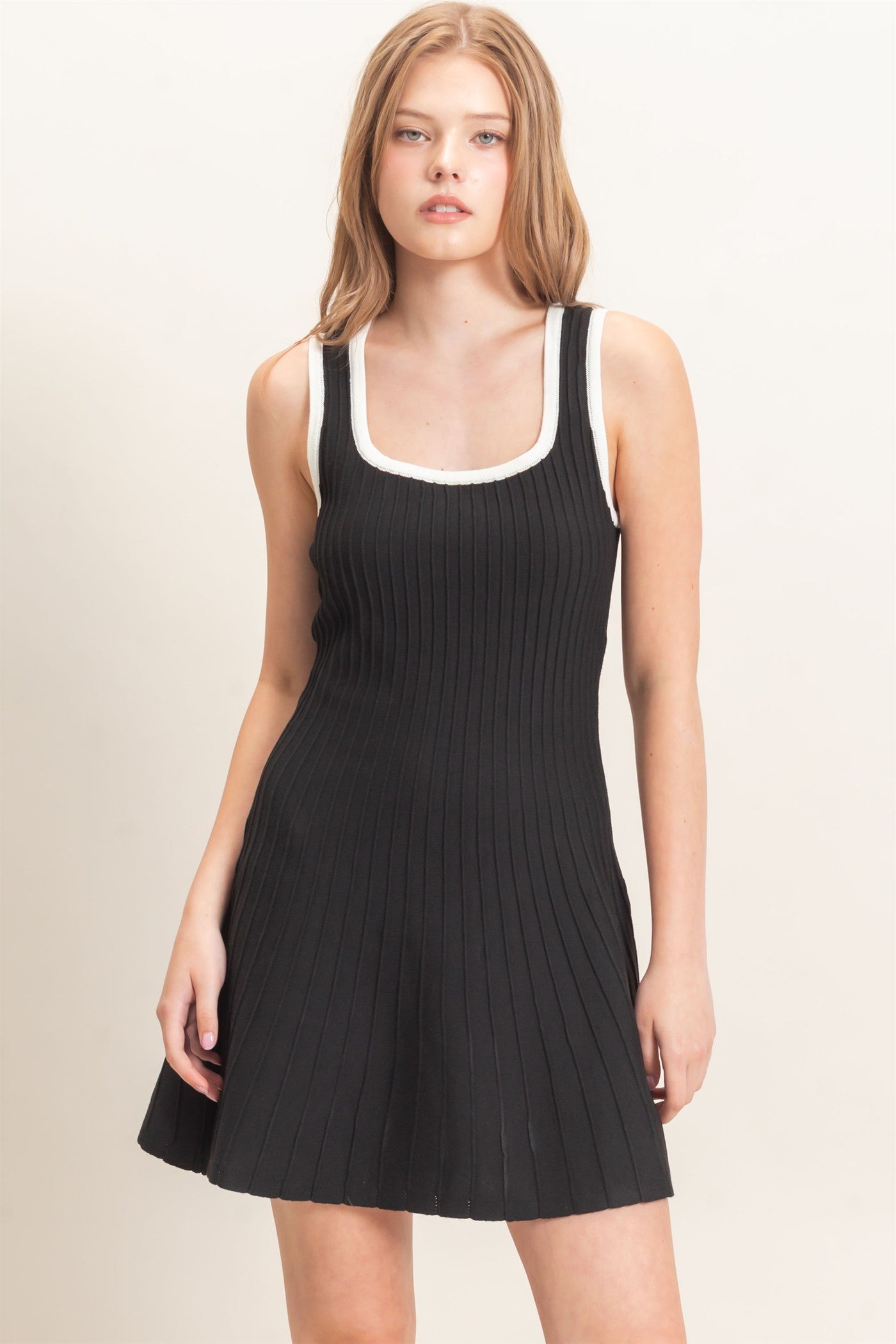 Wholesale Ribbed Square Neck Mini Dress Dresses HF26F213 BLACK HYFVE