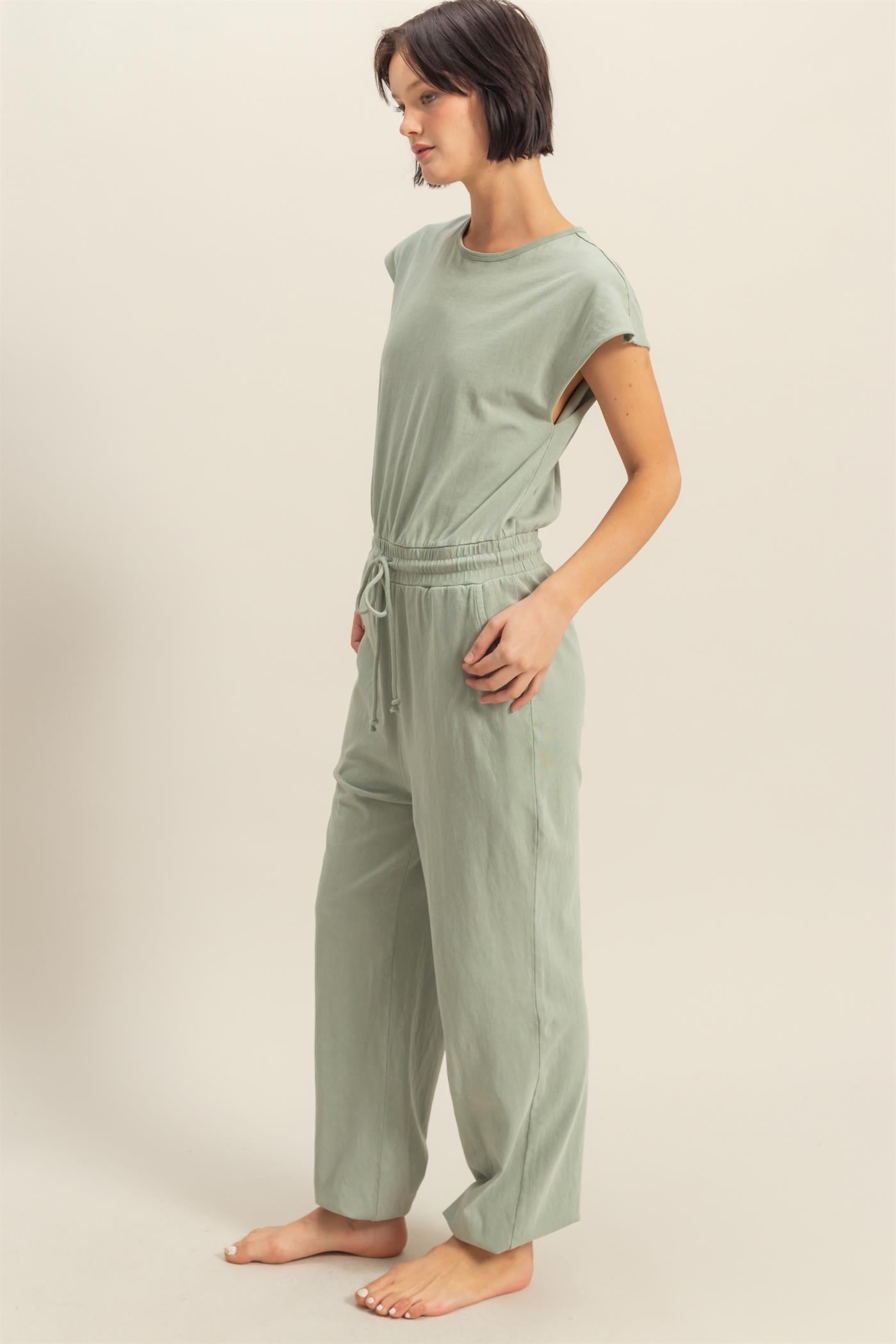Wholesale Short Sleeve Casual Jumpsuit Clothing DZ24C619 SAGE GREEN DOUBLE ZERO