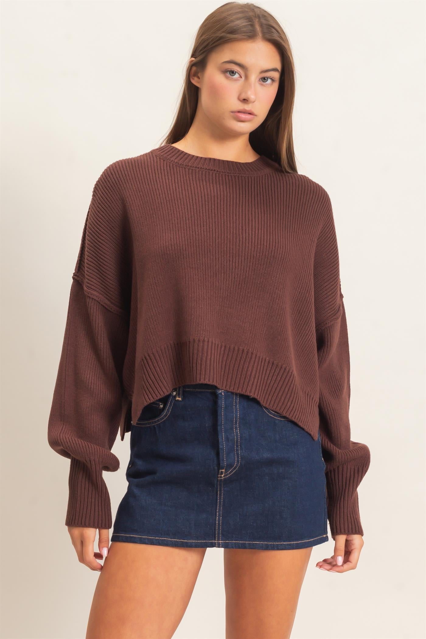Wholesale Ribbed Drop Shoulder Sweater Sweaters DZ26C982 DARK BROWN DOUBLE ZERO