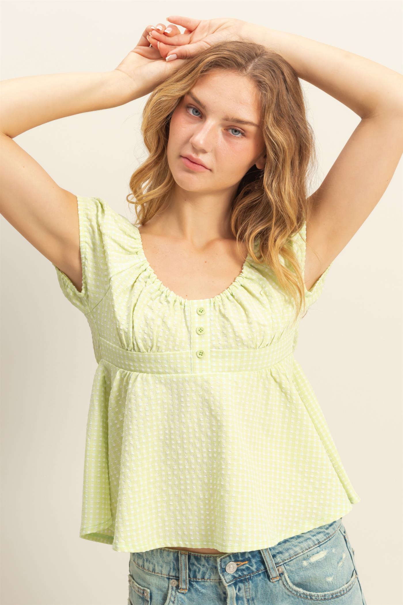 Wholesale Gingham Scoop Neck Cap Sleeve Blouse Blouses DZ25C042 LIME GREEN DOUBLE ZERO