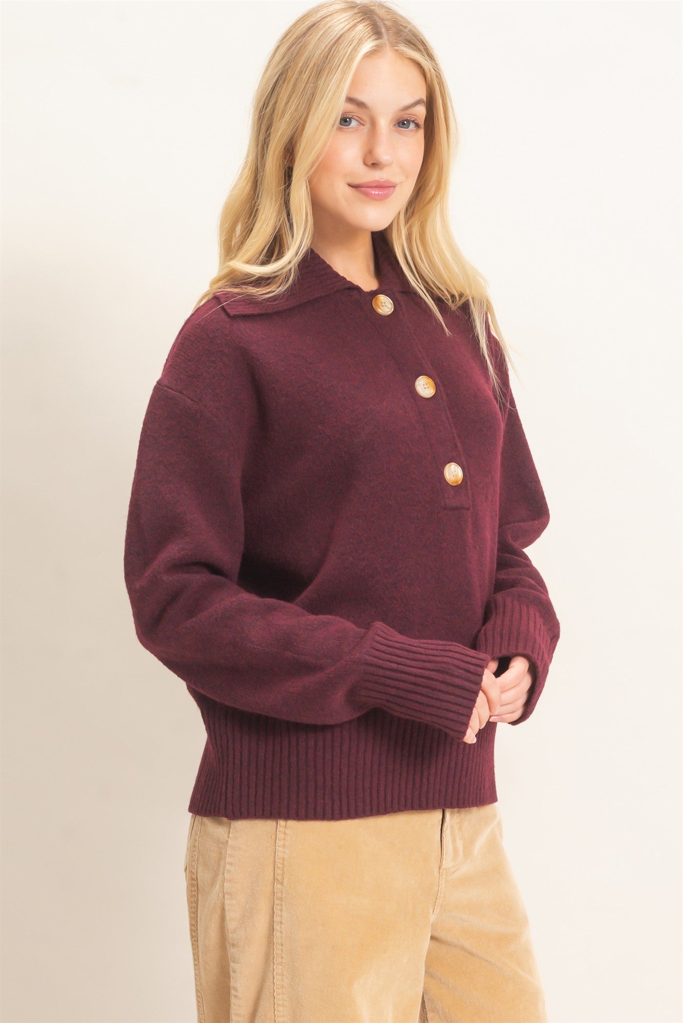 Wholesale Button-Up Collared Sweater Sweaters HF26E752 BURGUNDY HYFVE