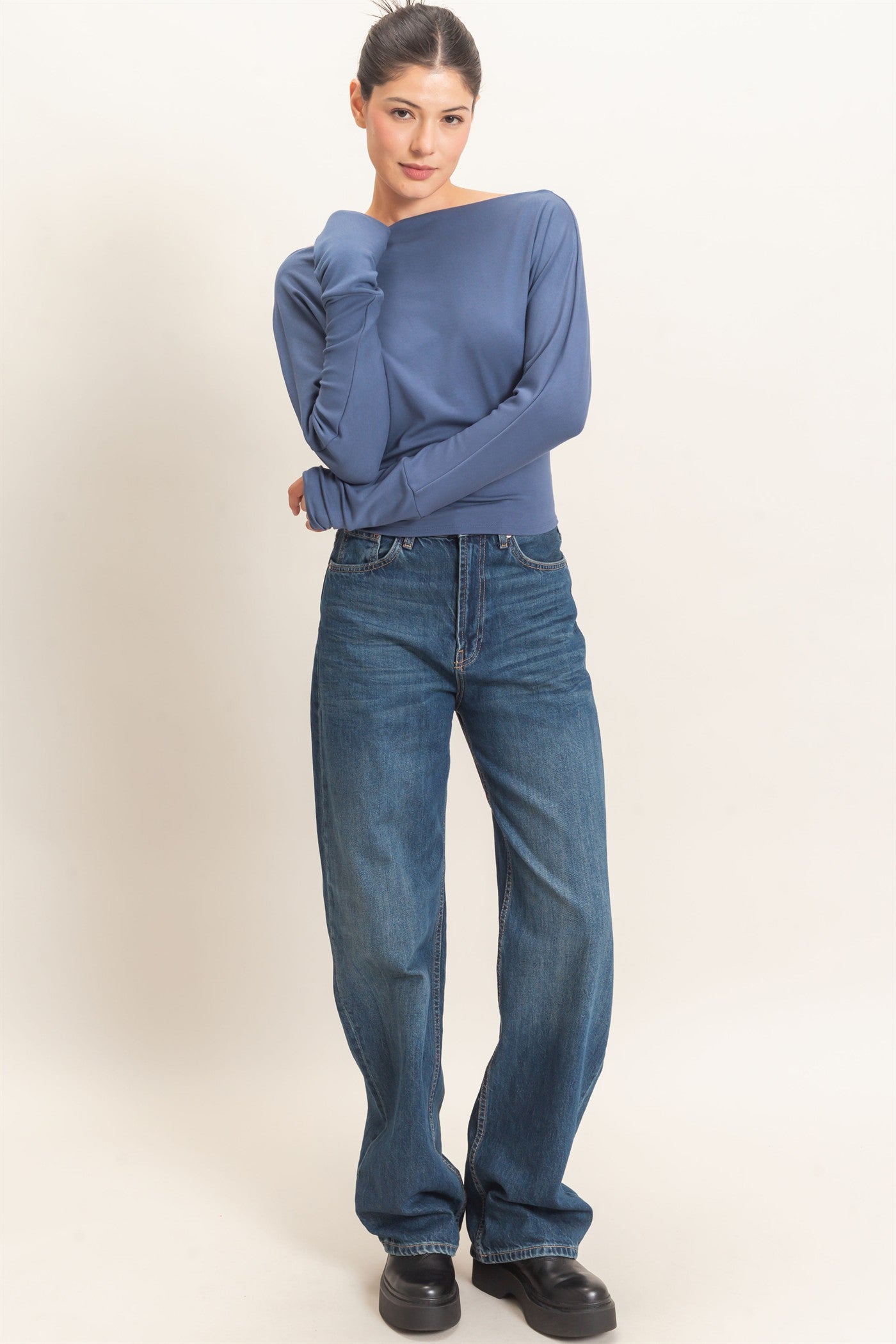 Wholesale Wide Boat Neck Dolman Sleeve Top Shirts HF26C883 STEEL BLUE HYFVE