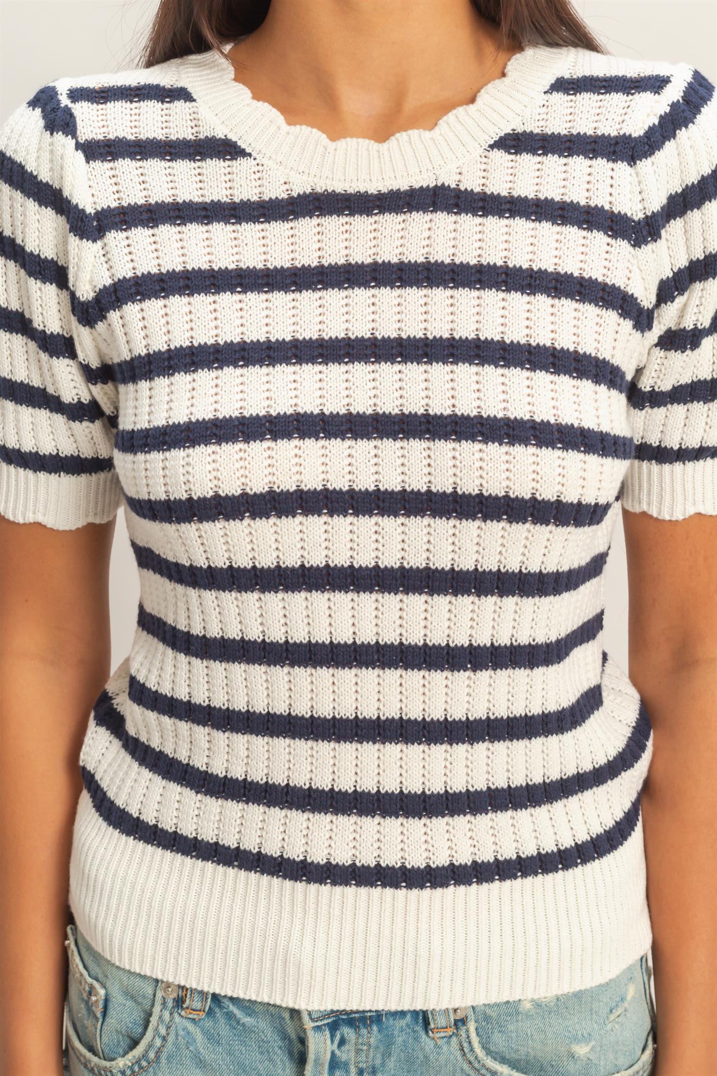 Wholesale Striped Scallop Edge Puff Sleeve Knit Top Shirts DZ26A284 NAVY DOUBLE ZERO