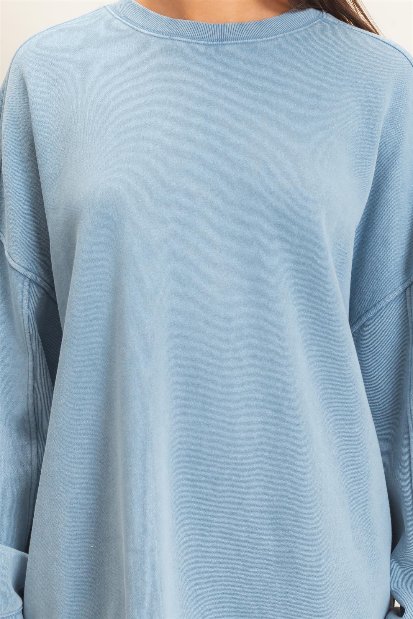Wholesale Acid Wash Crew Neck Long Sleeve Sweatshirt Sweatshirts DZ26E268 DUSTY BLUE DOUBLE ZERO