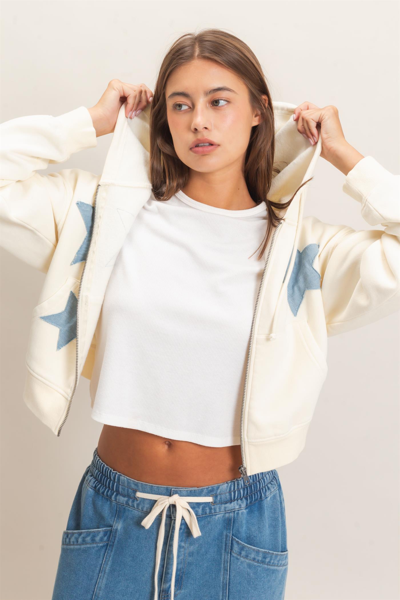 Wholesale Star Patch Zip-Up Hoodie Hoodies DZ26E828 CREAM DOUBLE ZERO