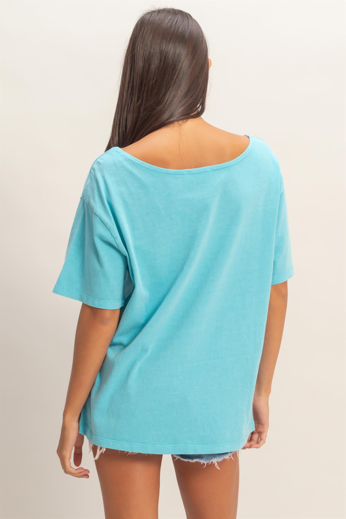 Wholesale Boat Neck Short Sleeve Basic Tee Clothing Tops DZ25E242 AQUA BLUE DOUBLE ZERO
