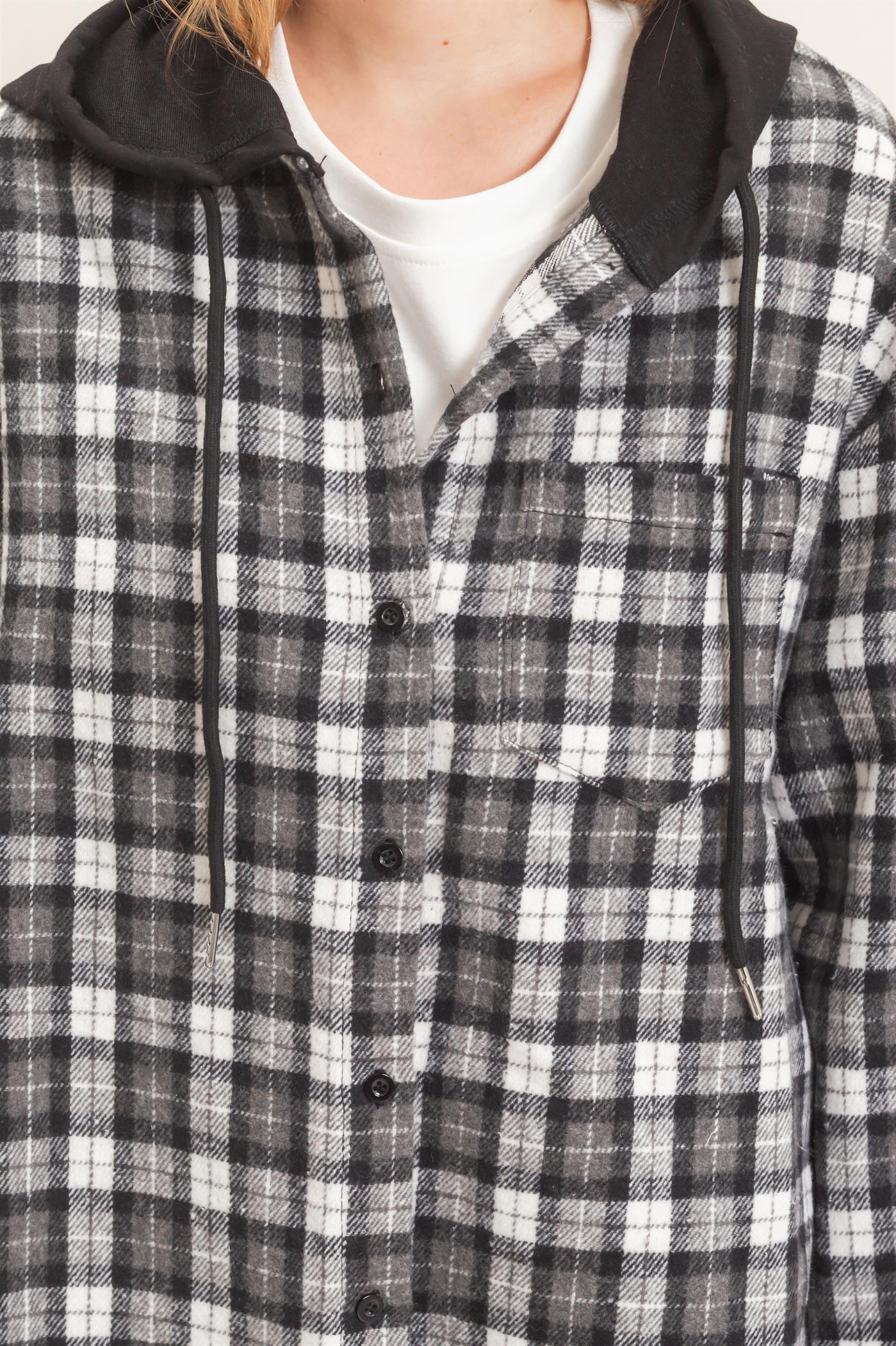 Wholesale Hooded Plaid Button-Up Shirt Shirts HF26F018 BLACK HYFVE