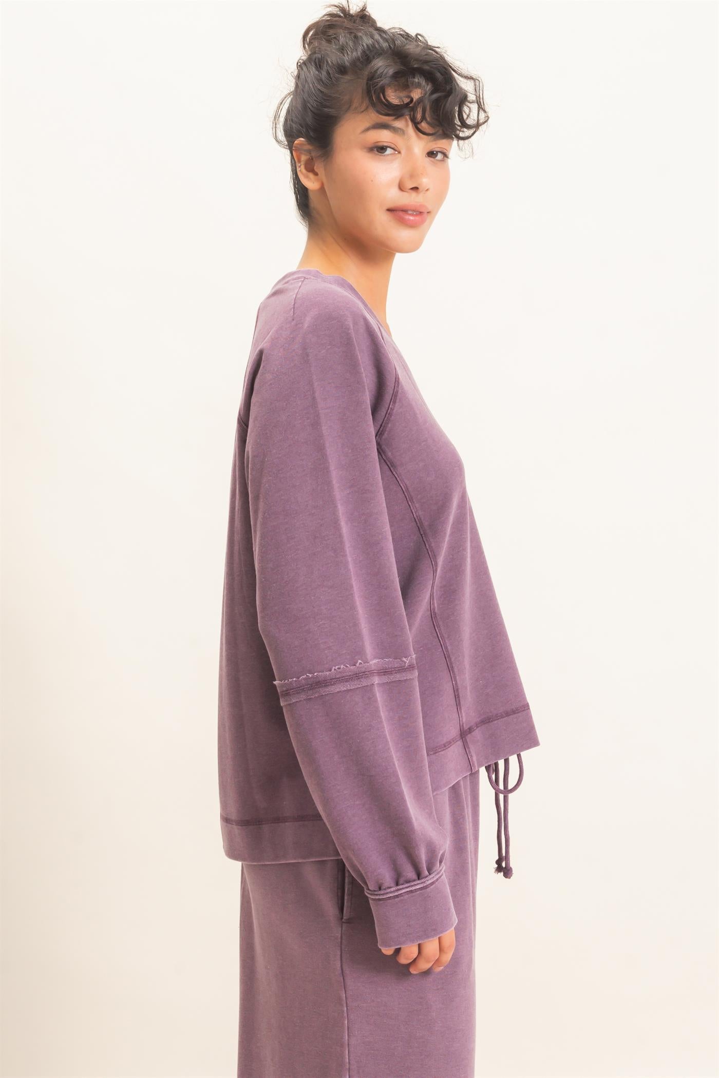 Wholesale Mineral Wash V-Neck Seam Detail Sweatshirt Sweatshirts DZ26F014 DARK CHERRY DOUBLE ZERO