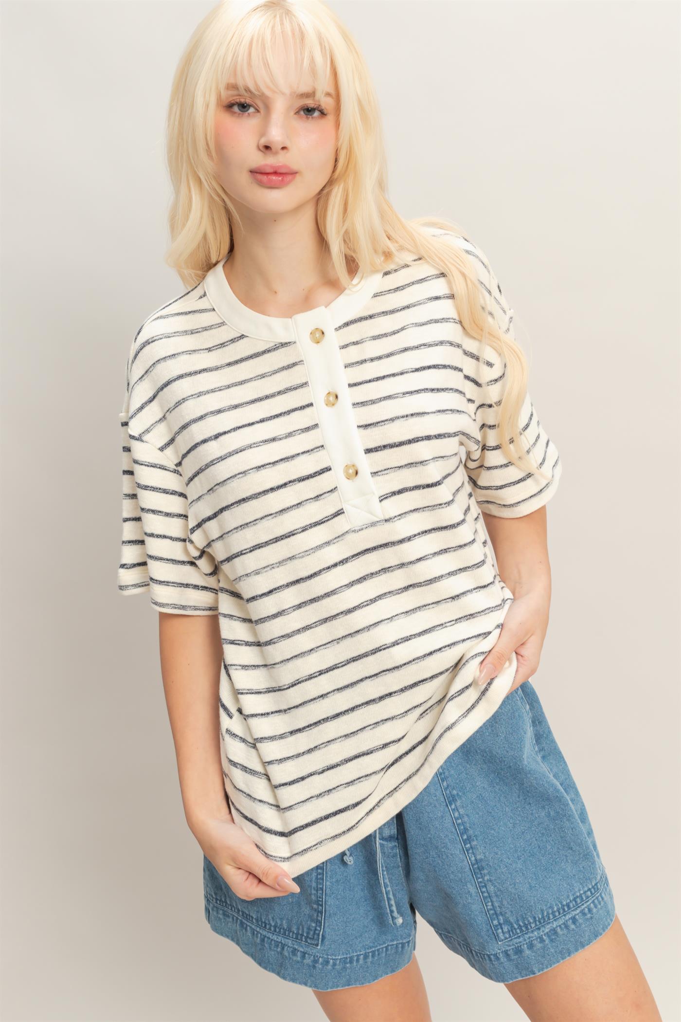 Wholesale Striped Short Sleeve Henley Top Clothing Tops DZ26A653 BLACK DOUBLE ZERO