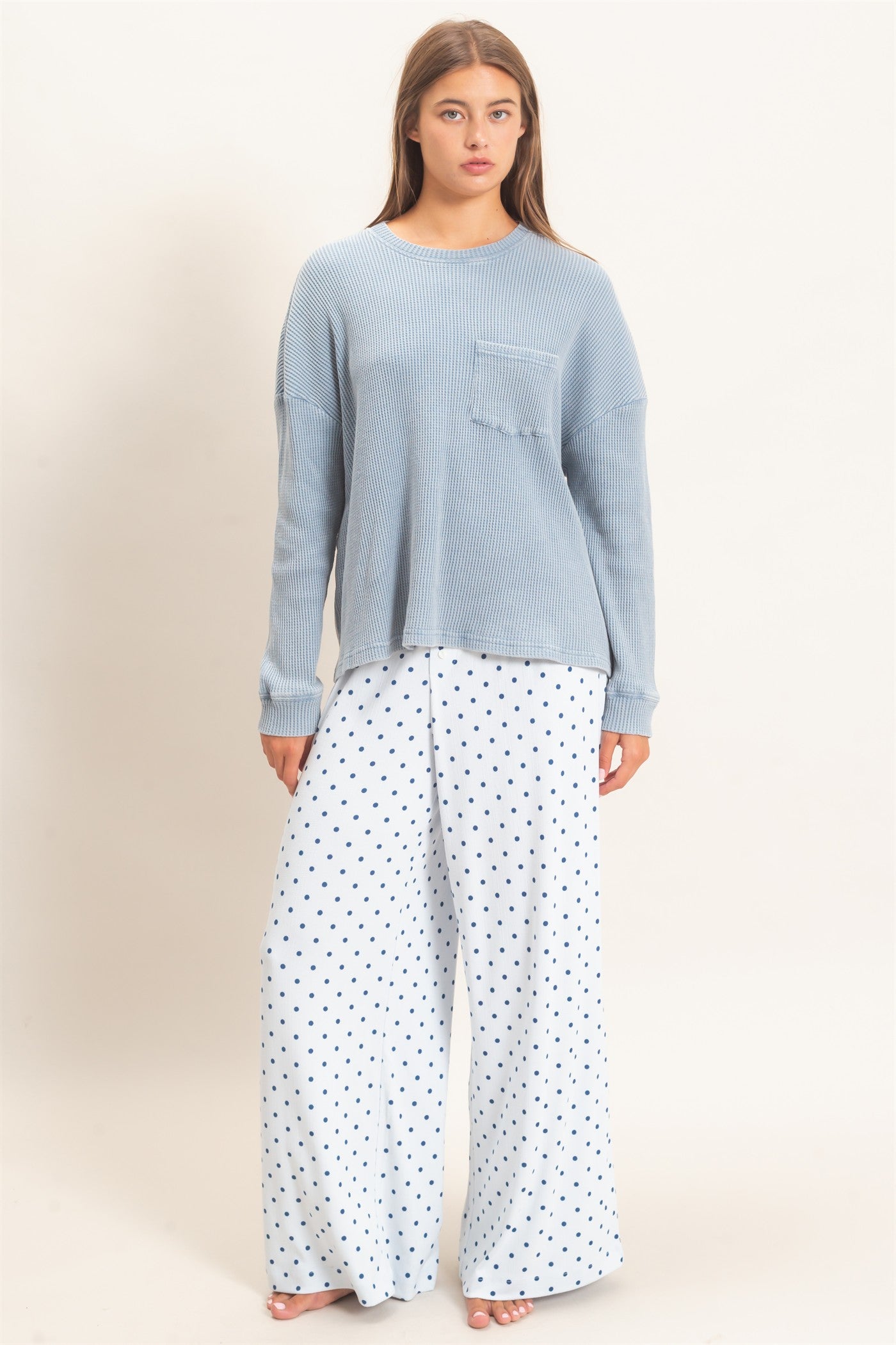 Wholesale Polka Dot Wide Leg Pants Pants DZ27A168 LIGHT BLUE DOUBLE ZERO