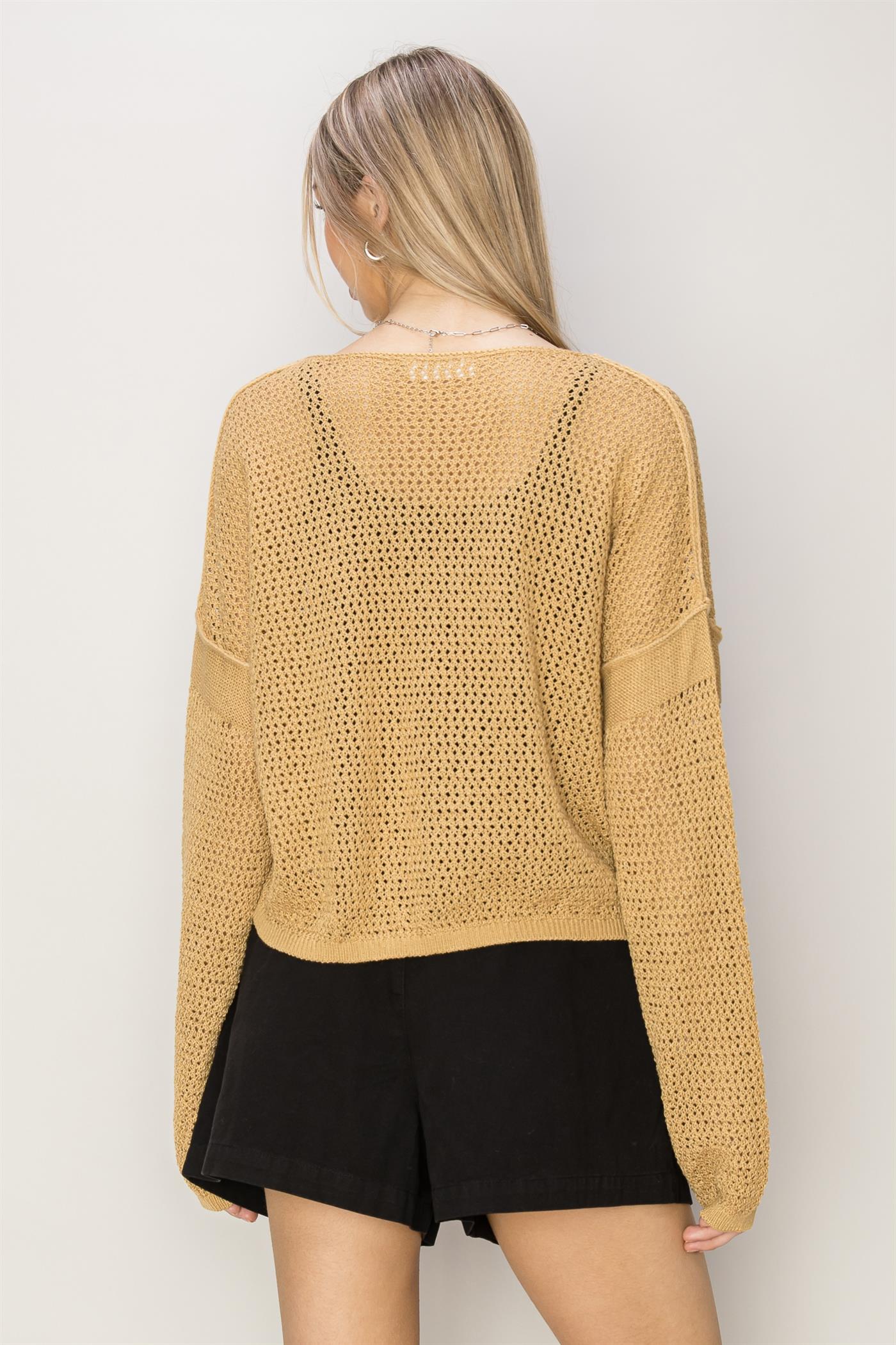 Wholesale Open Knit Drop Shoulder Sweater Clothing Tops DZ24C033 SAND DOUBLE ZERO