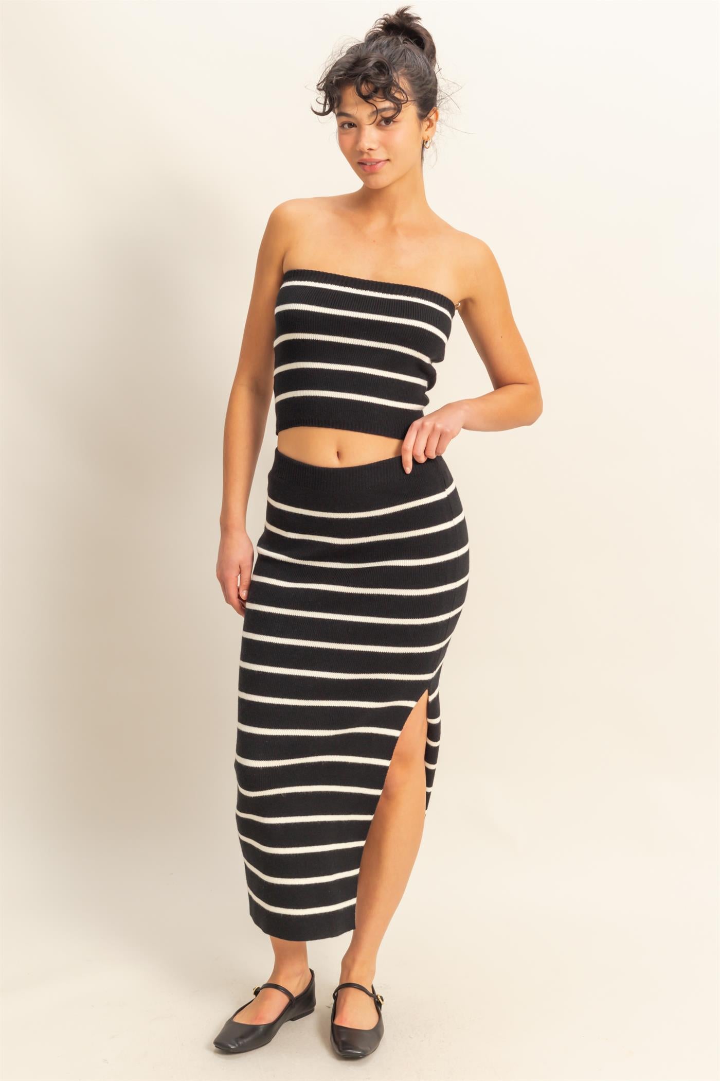 Wholesale Striped High Waist Bodycon Sweater Skirt Skirts DZ25A637 CREAM/BLACK DOUBLE ZERO
