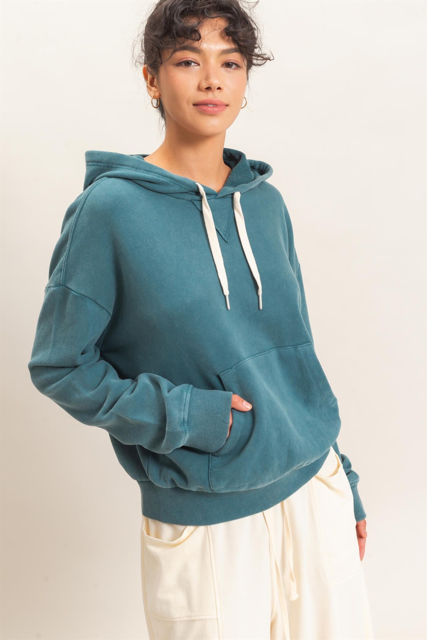 Wholesale Acid Wash Hoodie Clothing Tops DZ26E112 DARK TEAL DOUBLE ZERO