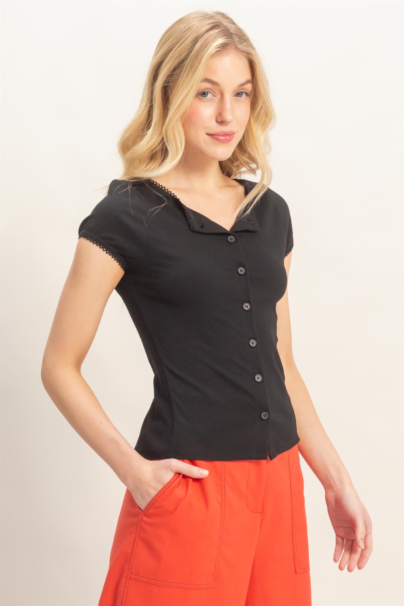 Wholesale Scalloped Button Front Top Clothing Tops HF26C607 BLACK HYFVE