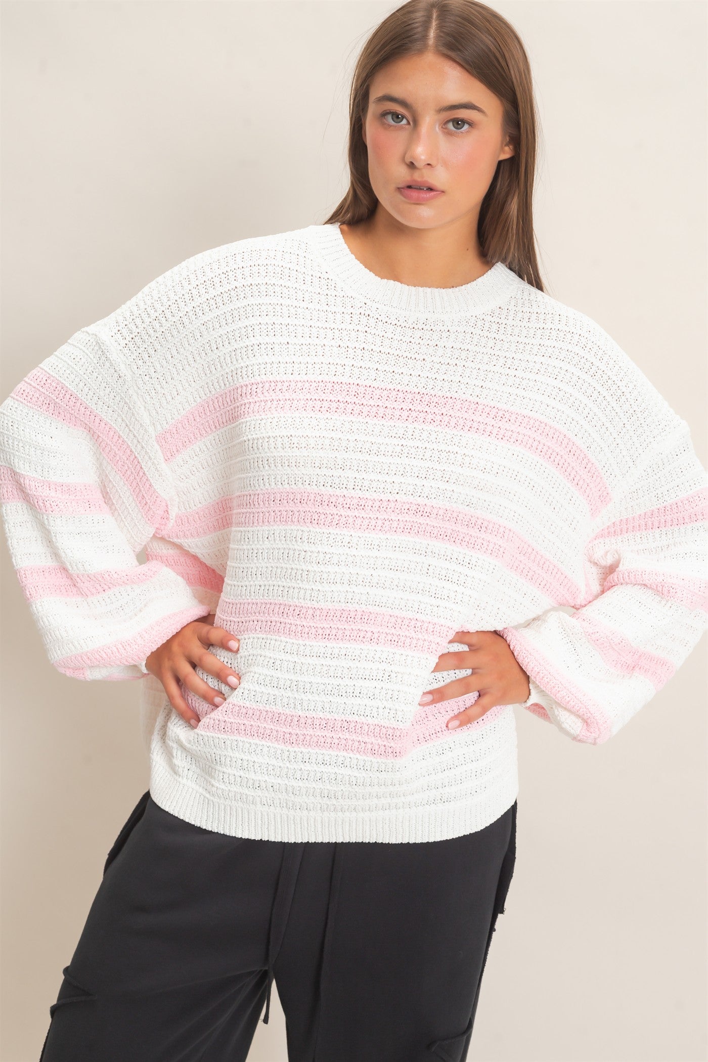 Wholesale Striped Oversized Sweater Sweaters DZ27A192 PINK DOUBLE ZERO