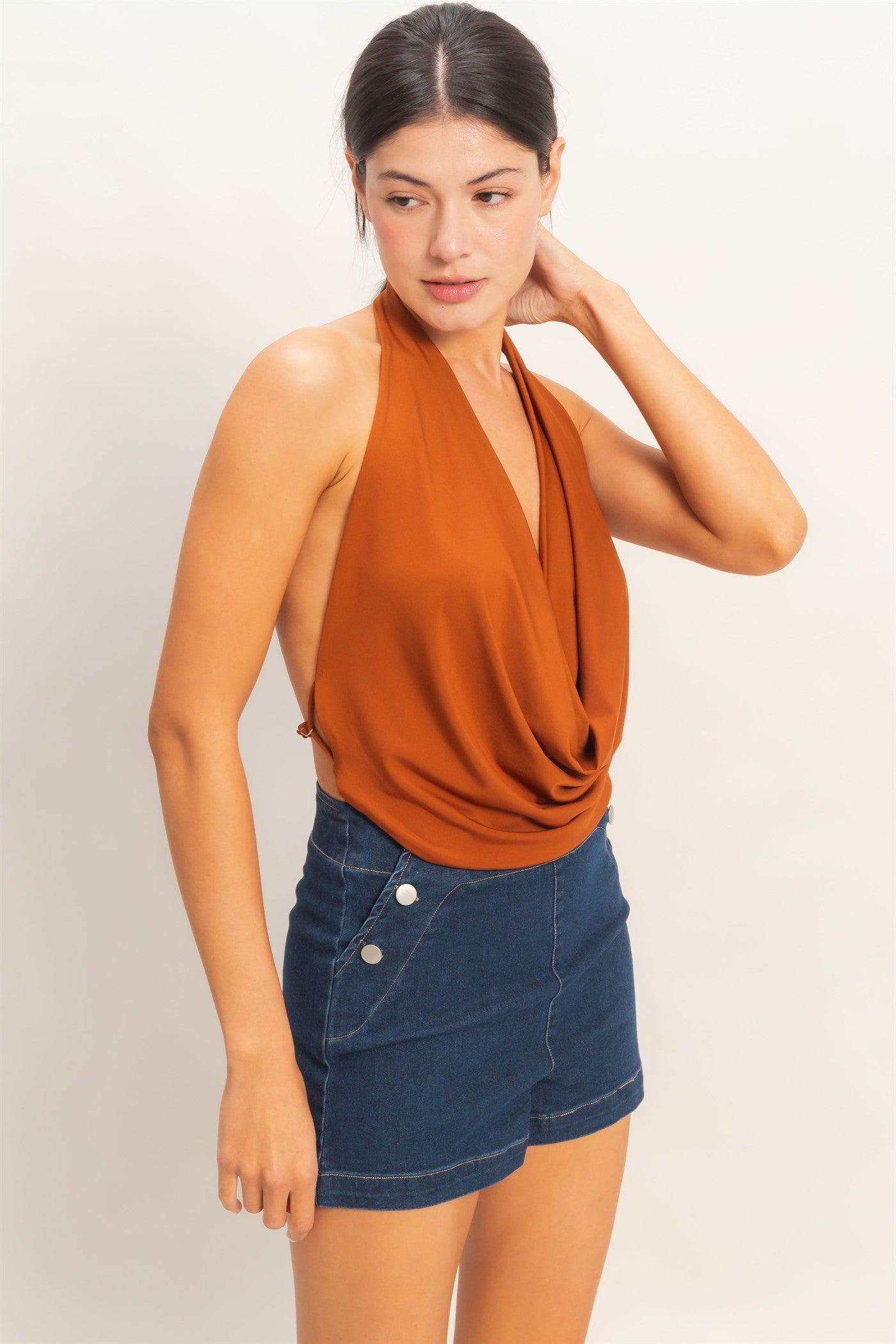 Wholesale Draped Halter Neck Top Clothing Tops HF26E353 BROWN HYFVE