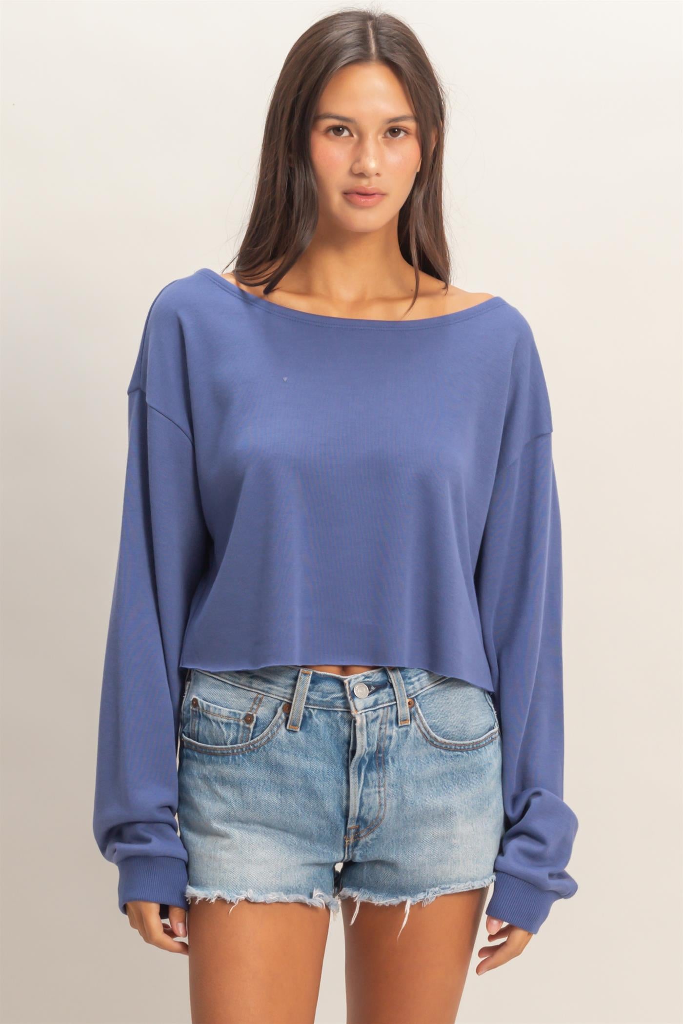 Wholesale Casually Cute Boat Neck Long Sleeve Top Clothing Tops DZ25C023 DUSTY INDIGO DOUBLE ZERO