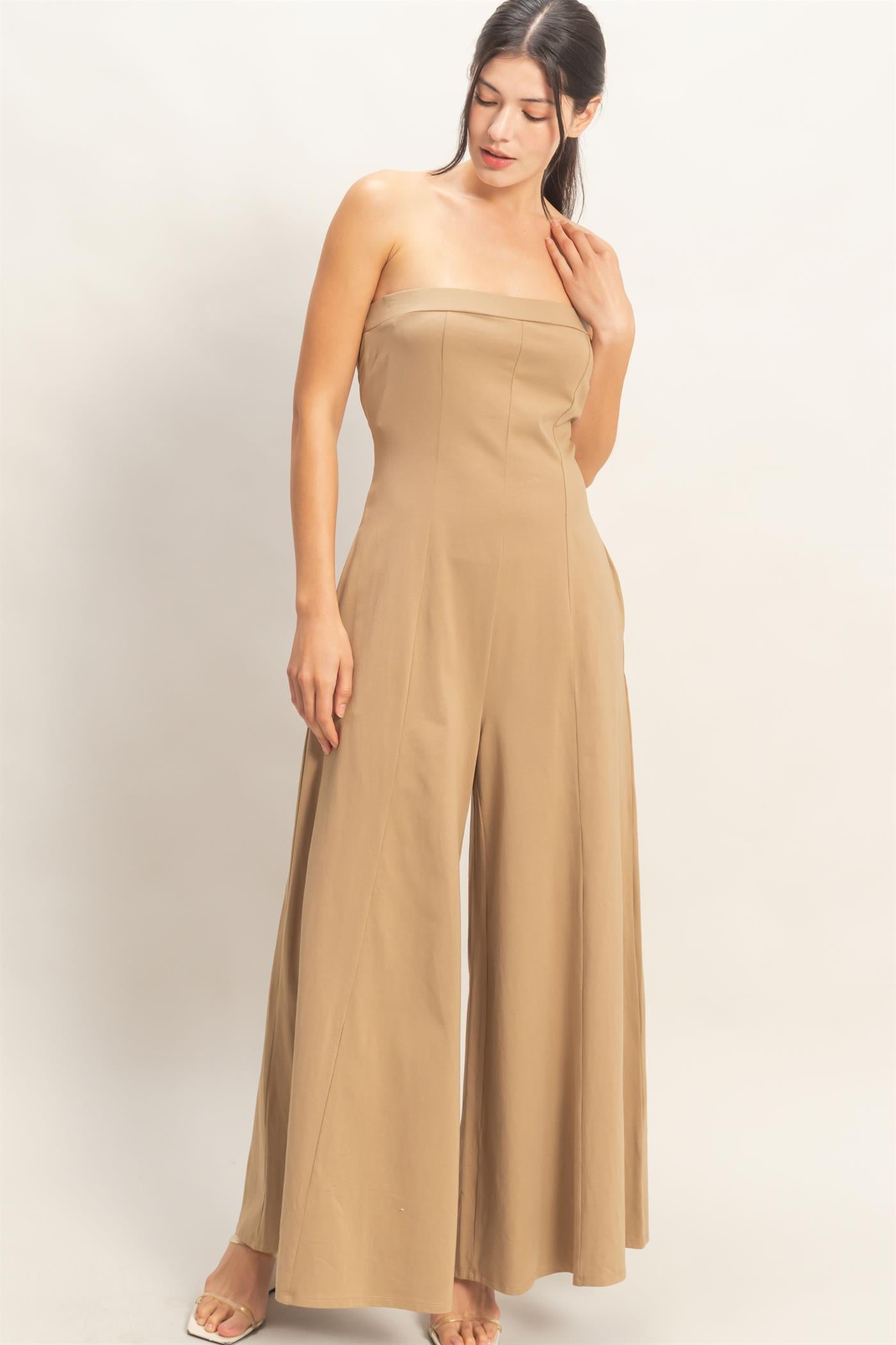 Wholesale Strapless Wide-Leg Jumpsuit Clothing HF26C314 TOBACCO BROWN HYFVE