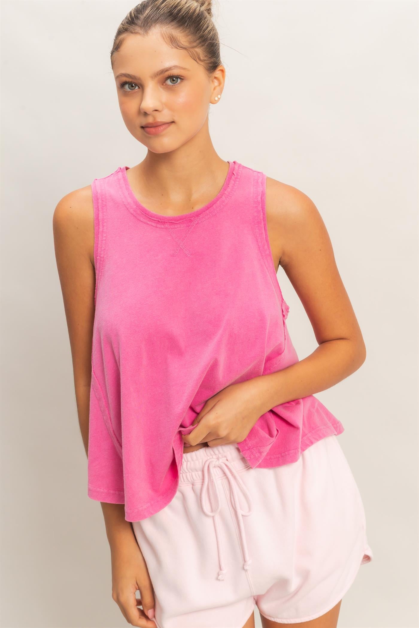 Wholesale Raw Edge Details Sleeveless Washed Top Clothing Tops DZ26E278 FUCHSIA DOUBLE ZERO