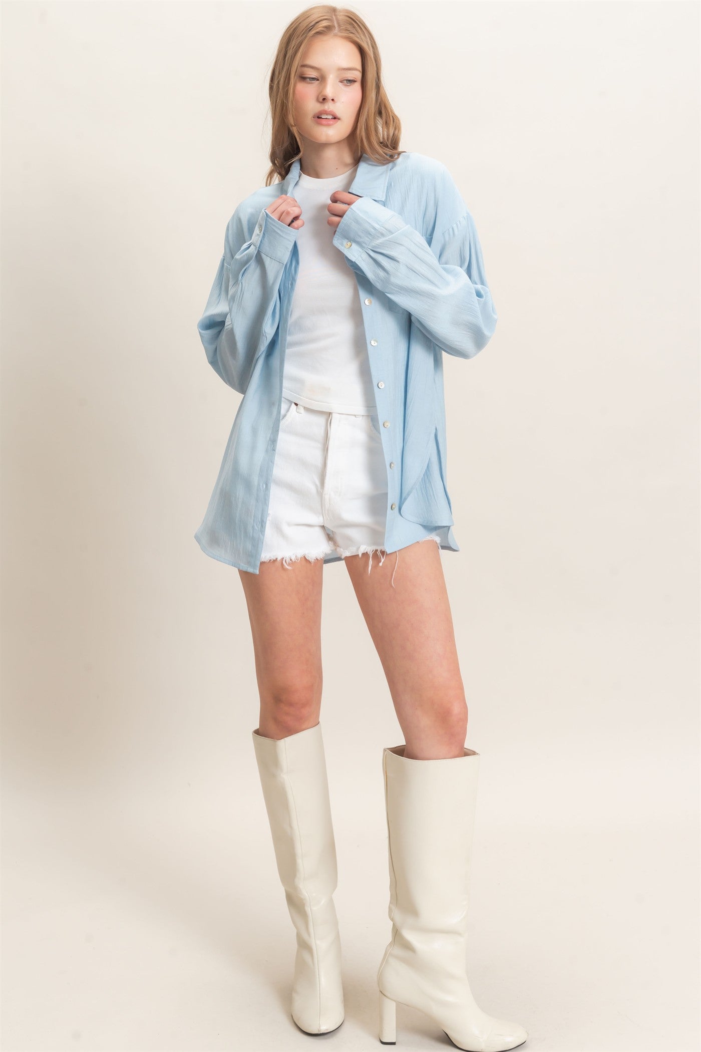Wholesale Crinkled Button-Up Shirt Clothing Tops HF26E691 LIGHT BLUE HYFVE
