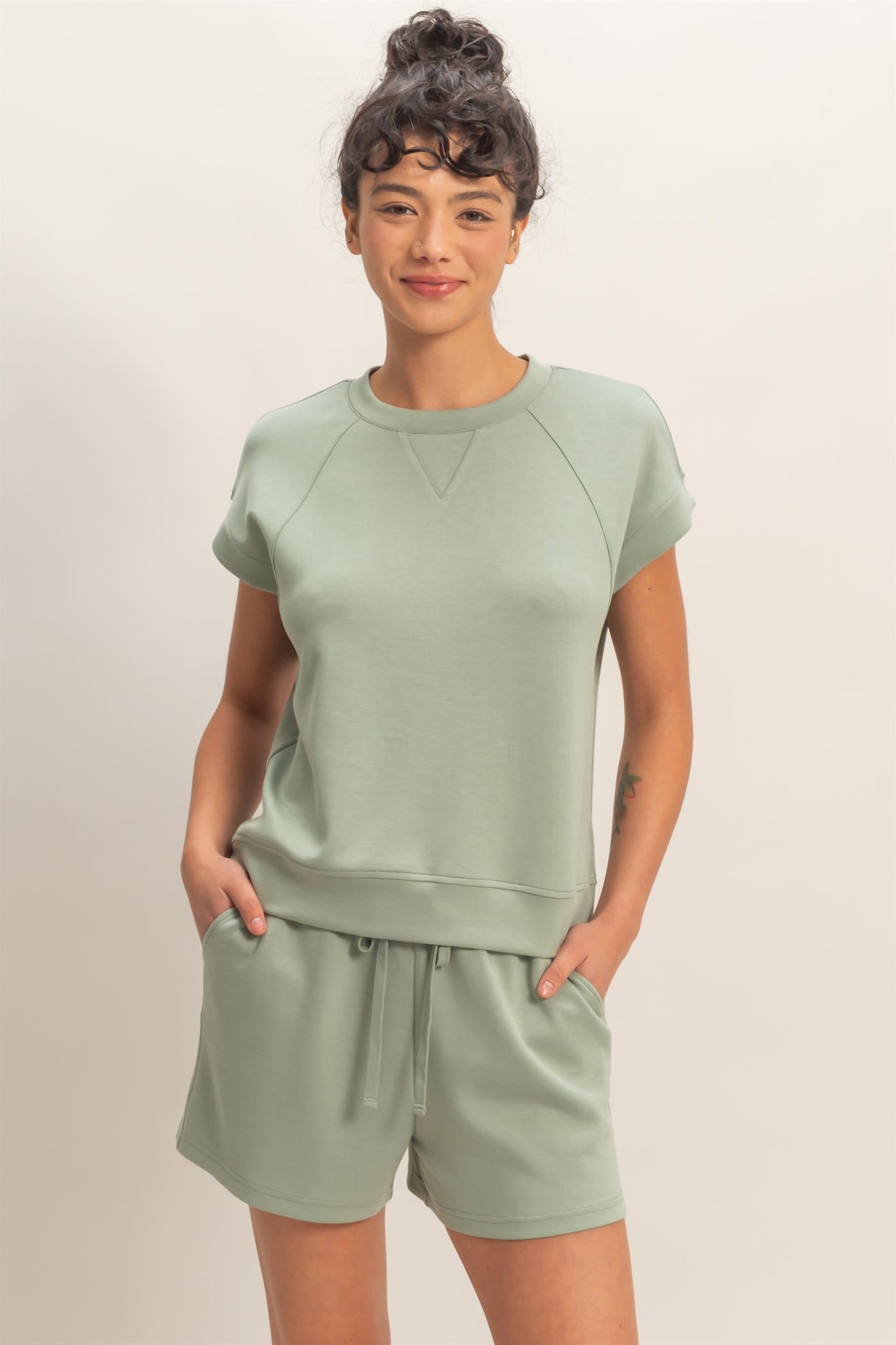Wholesale Crew Neck Sleeveless Top And Shorts Set Clothing DZ26C575-SET SAGE GREEN DOUBLE ZERO