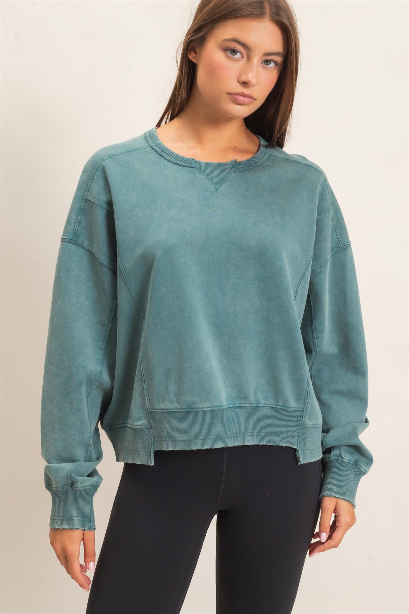 Wholesale Acid Wash Seam Detail Crew Neck Sweatshirt Sweatshirts DZ26E260 DARK TEAL DOUBLE ZERO