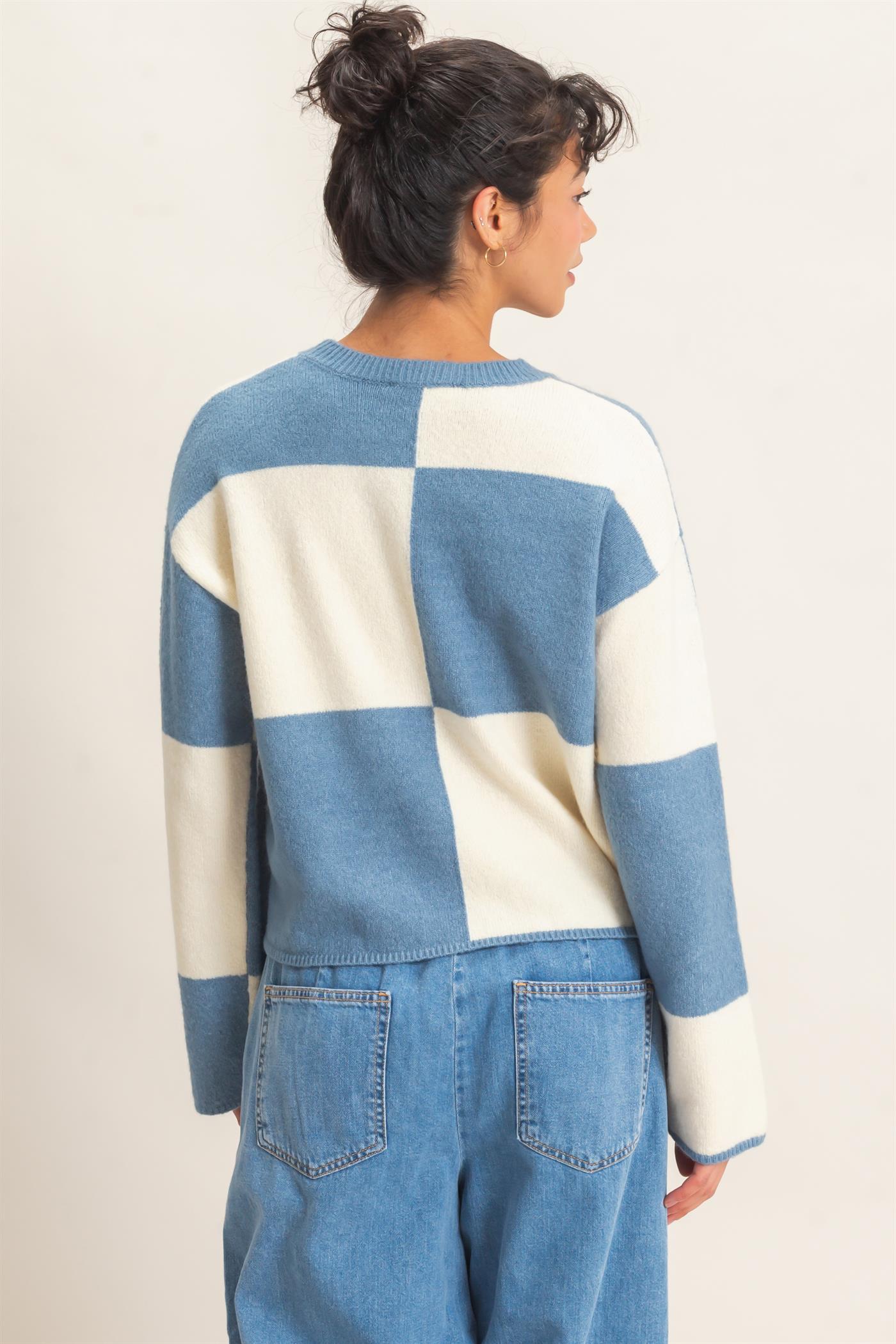 Wholesale Crew Neck Checkered Sweater Sweaters DZ26C980 DUSTY BLUE DOUBLE ZERO
