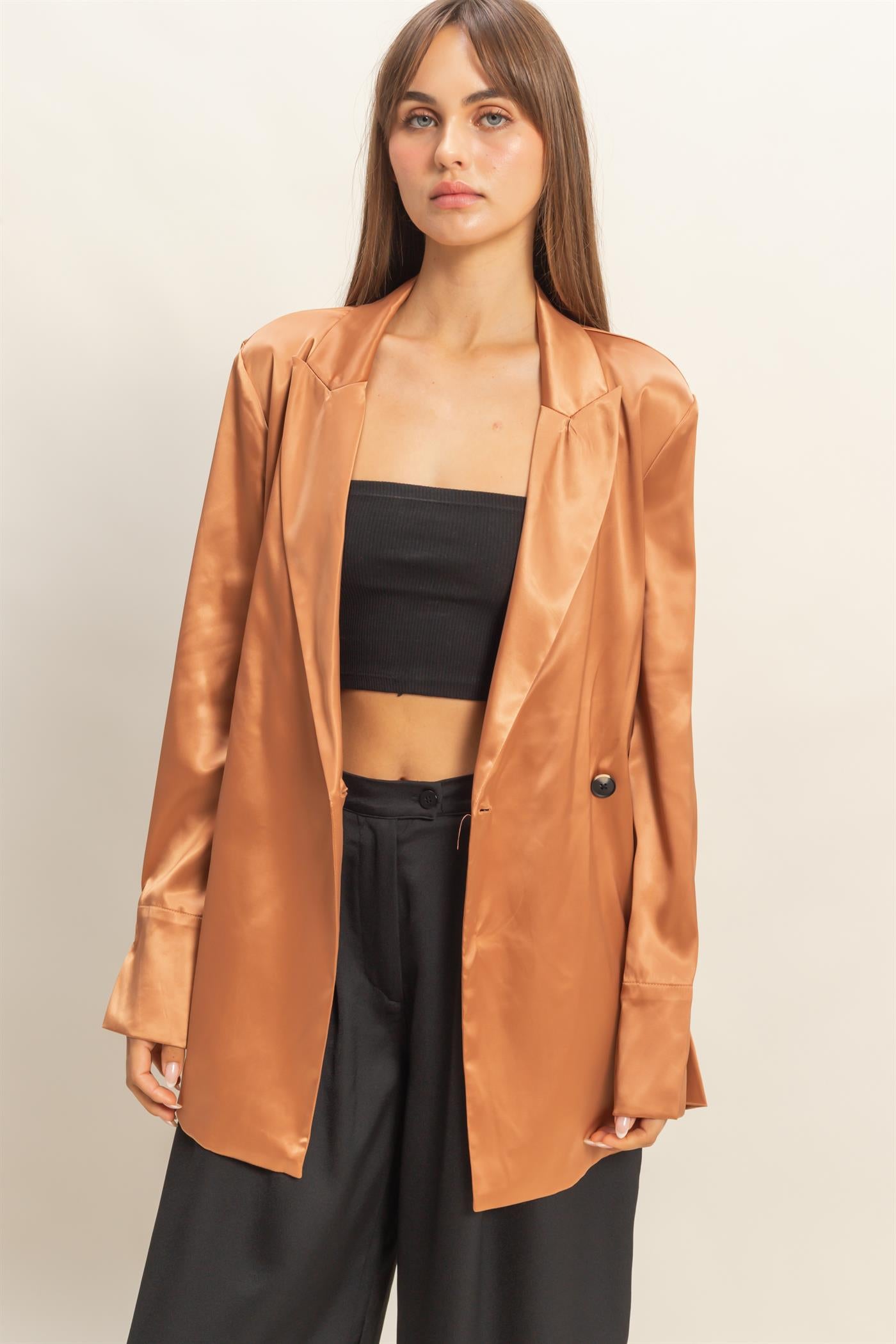 Wholesale Satin Long Sleeve Blazer Coats & Jackets HF23G242 BROWN HYFVE