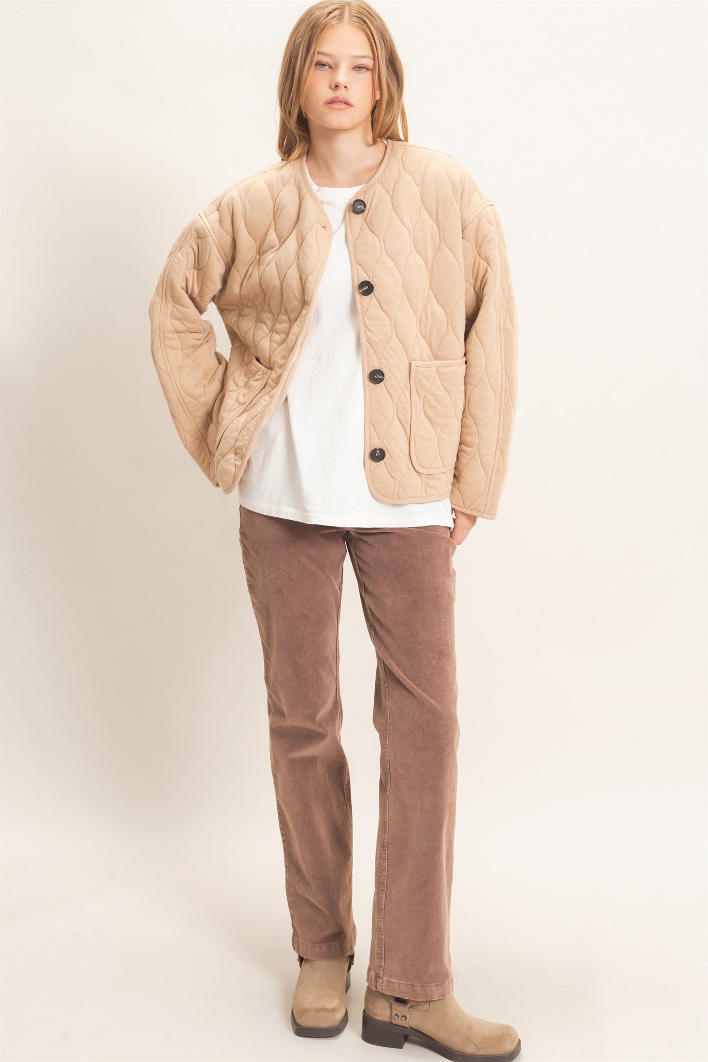 Wholesale Diamond Quilted Jacket Coats & Jackets HF26E370 TAUPE HYFVE