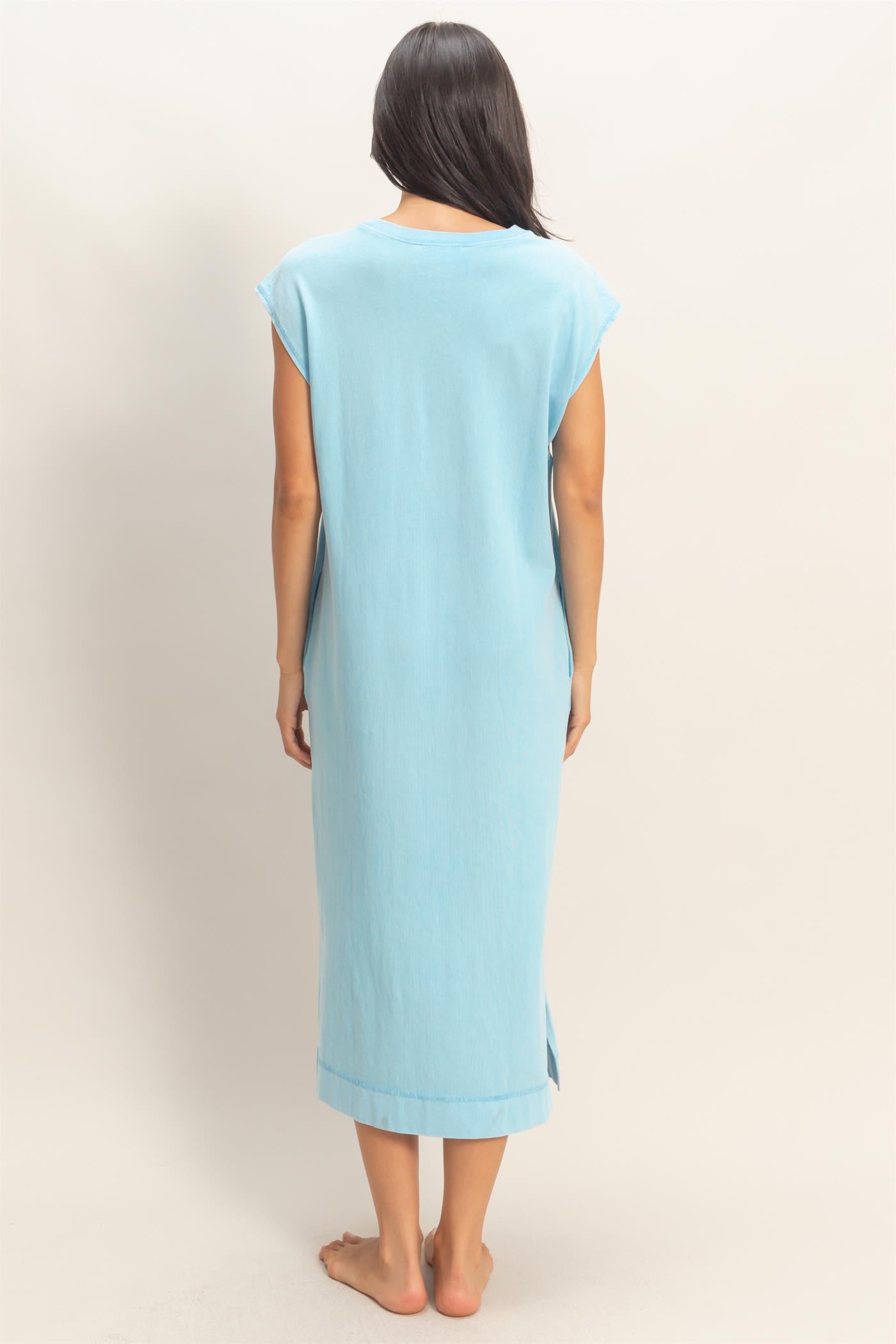 Wholesale Mineral Wash Cap Sleeve Midi Dress Dresses DZ26A049 BLUE DOUBLE ZERO