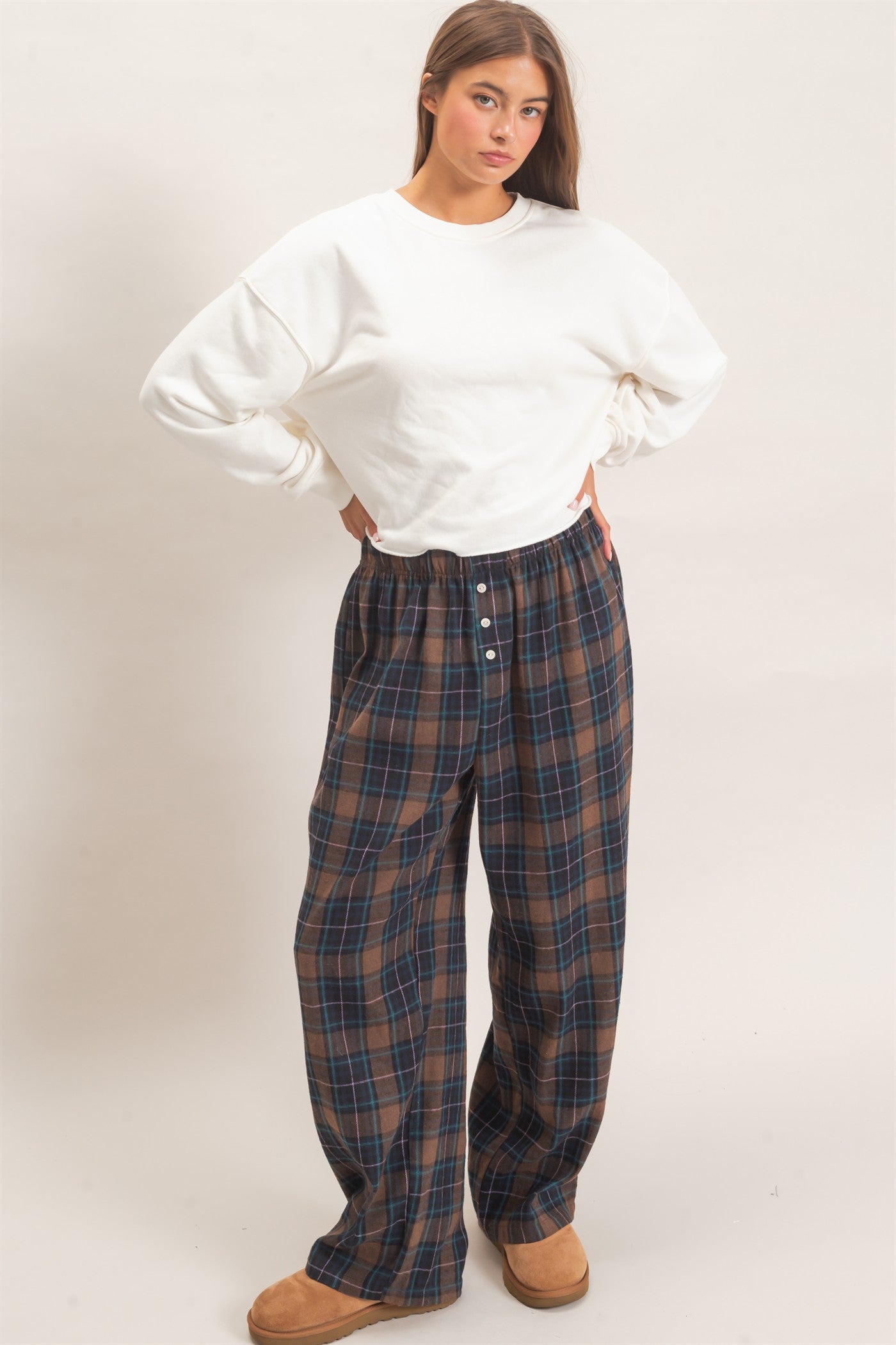Wholesale Plaid Wide-Leg Pants Pants DZ26F271 BROWN DOUBLE ZERO