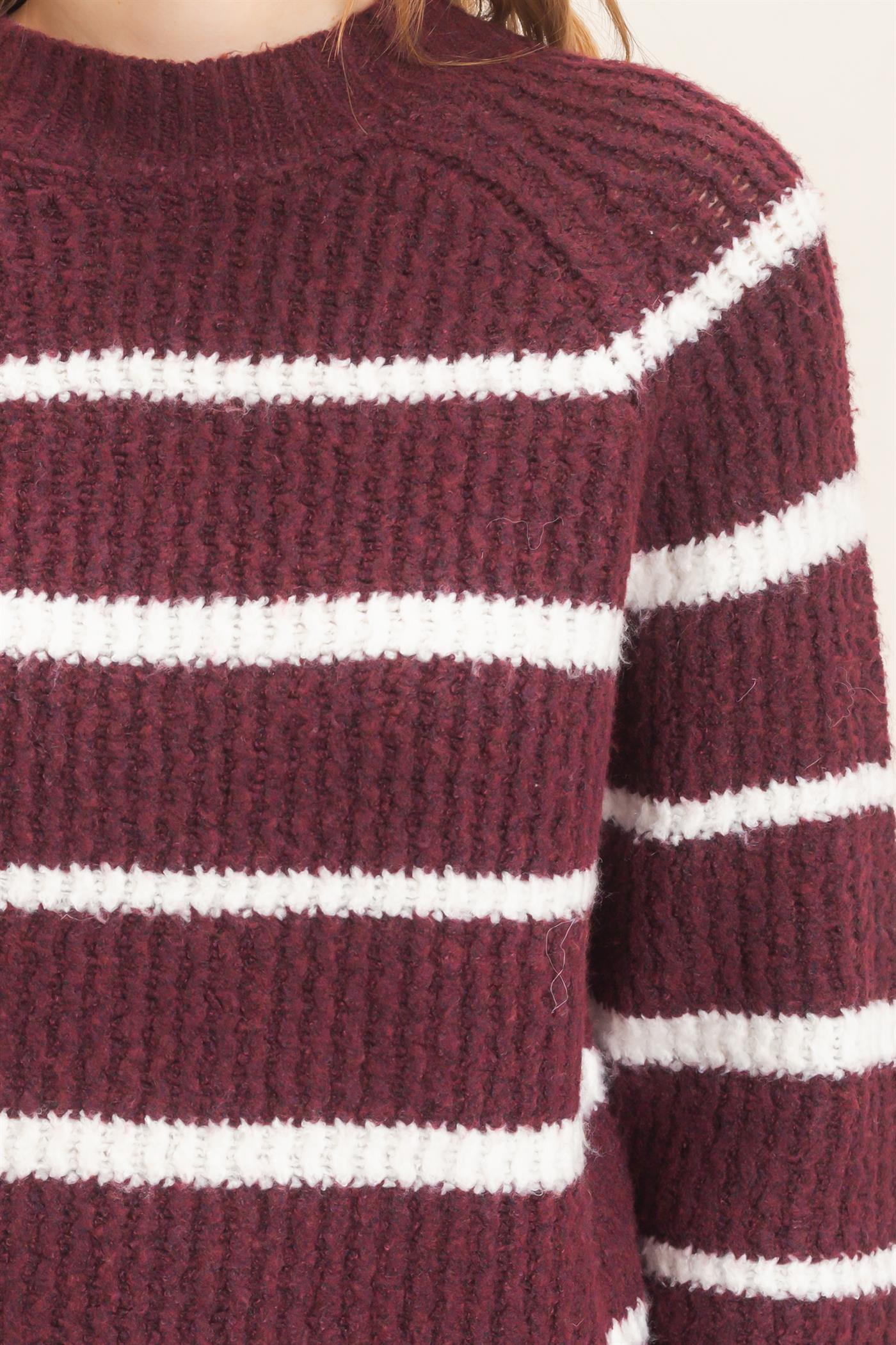Wholesale Textured Striped Mock Neck Sweater Sweaters HF26E765 WINE HYFVE