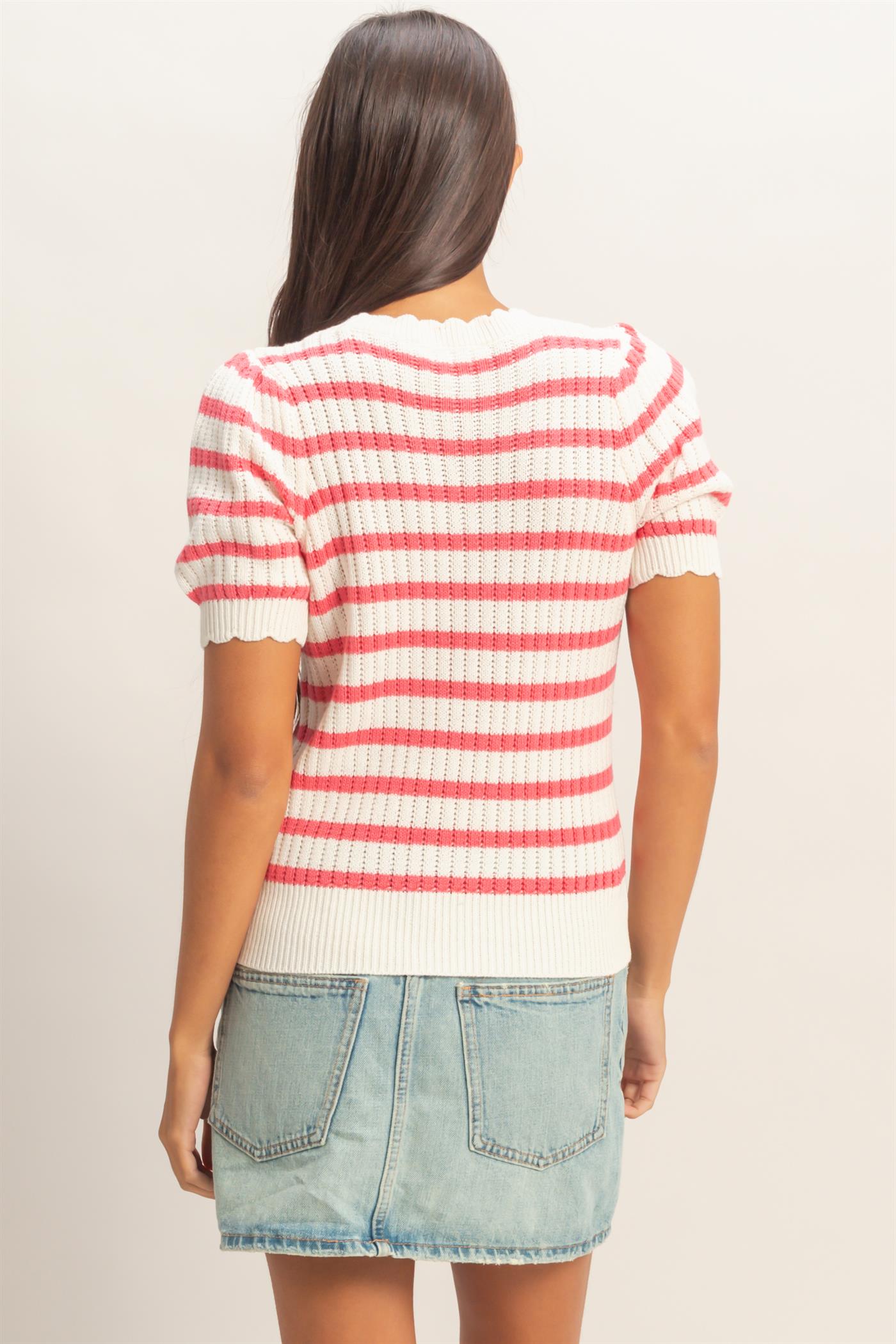 Wholesale Striped Scallop Edge Puff Sleeve Knit Top Shirts DZ26A284 TAFFY PINK DOUBLE ZERO
