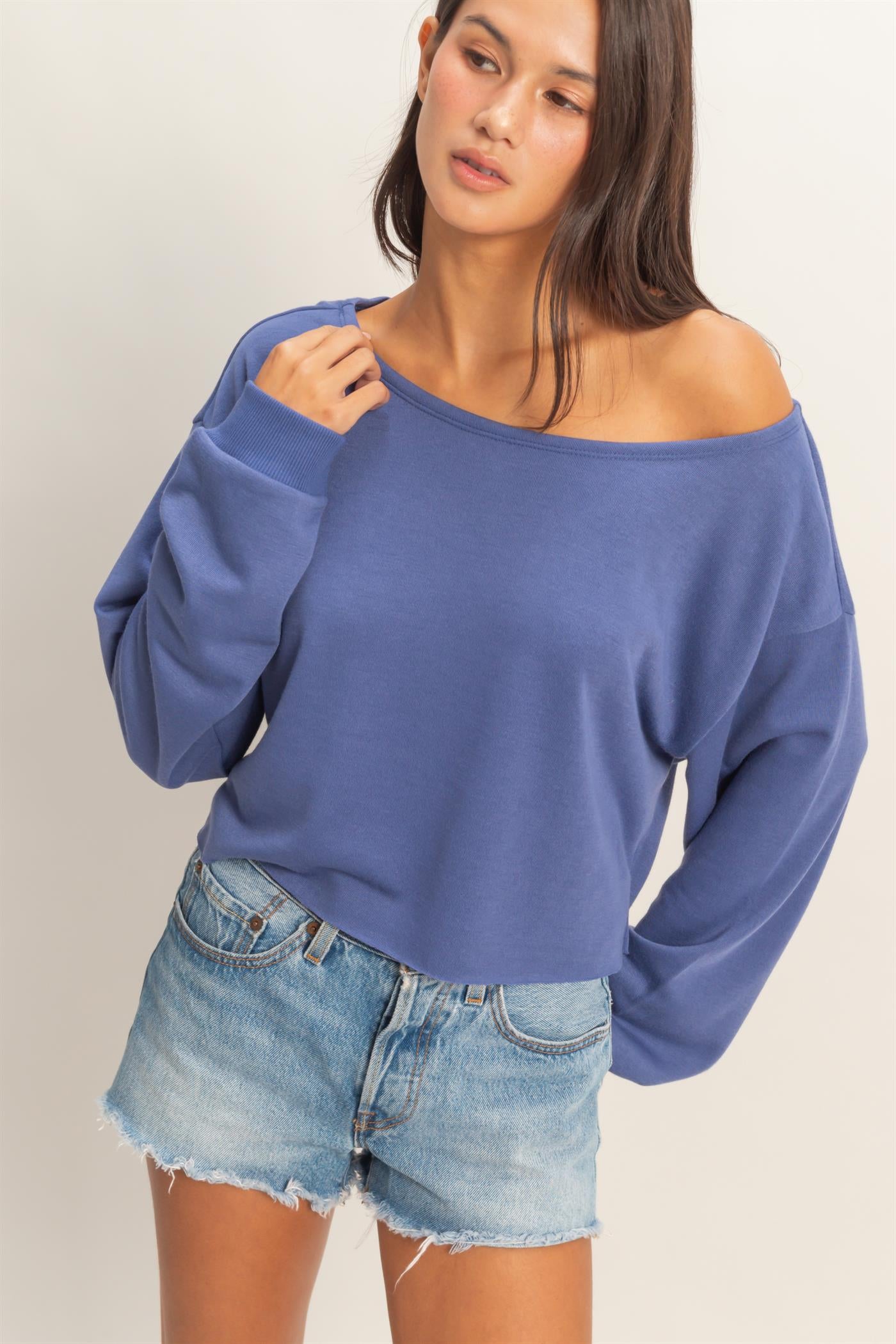 Wholesale Casually Cute Boat Neck Long Sleeve Top Clothing Tops DZ25C023 DUSTY INDIGO DOUBLE ZERO