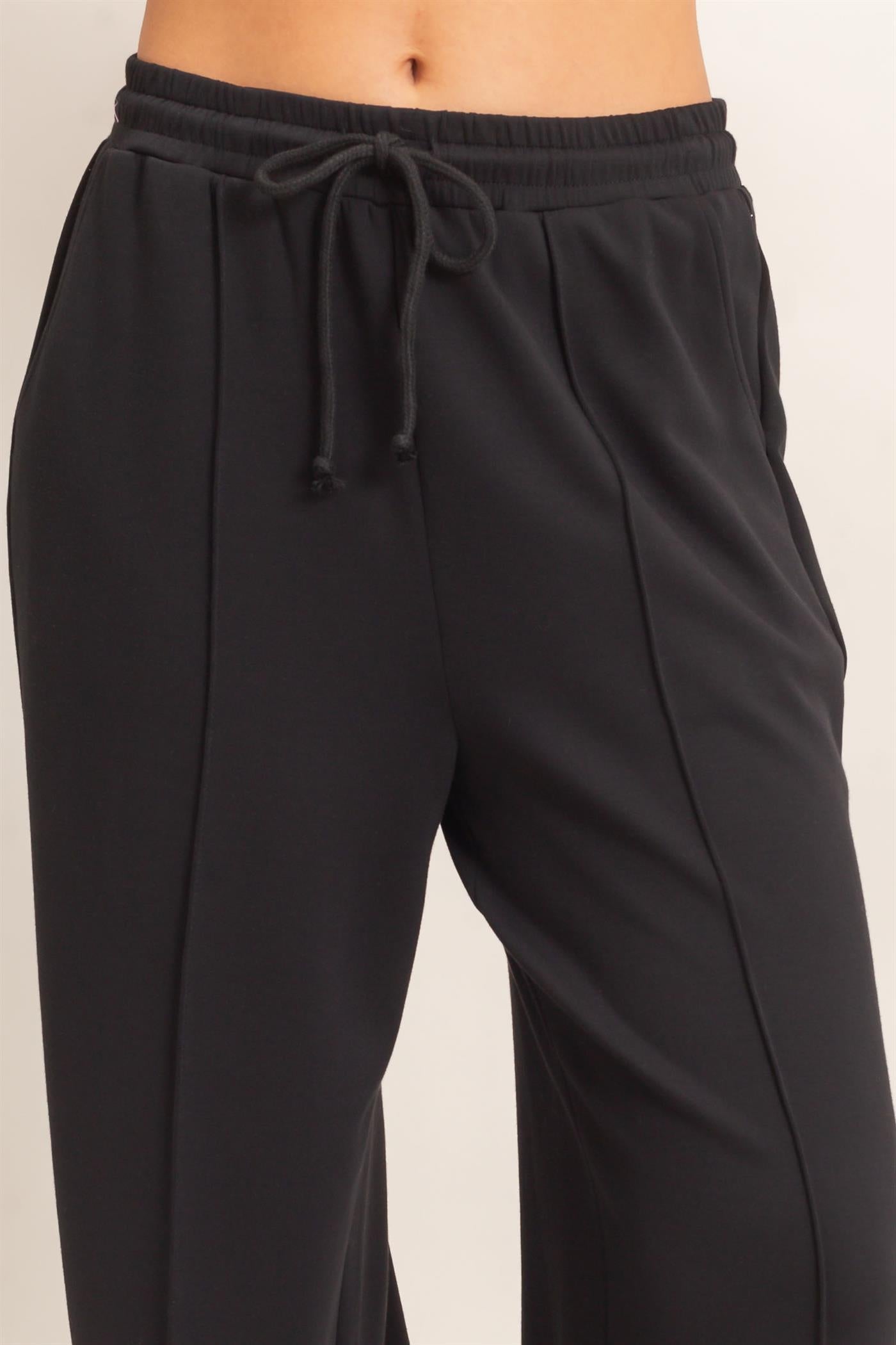 Wholesale Drawstring Waist Pintuck Wide Leg Pants Pants DZ26E384 BLACK HYFVE