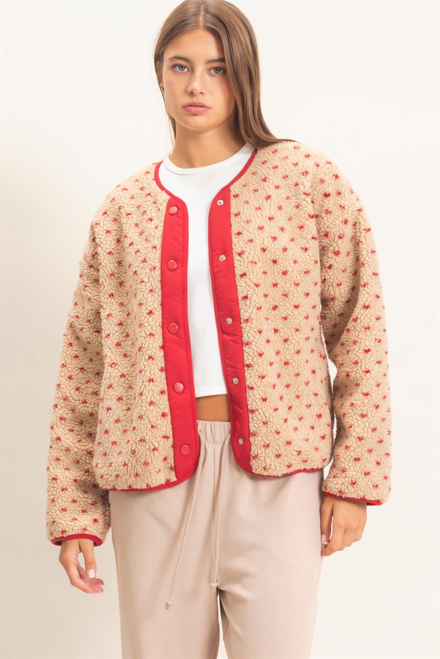 Wholesale Polka Dot Sherpa Jacket Coats & Jackets DZ26F160 RED DOUBLE ZERO