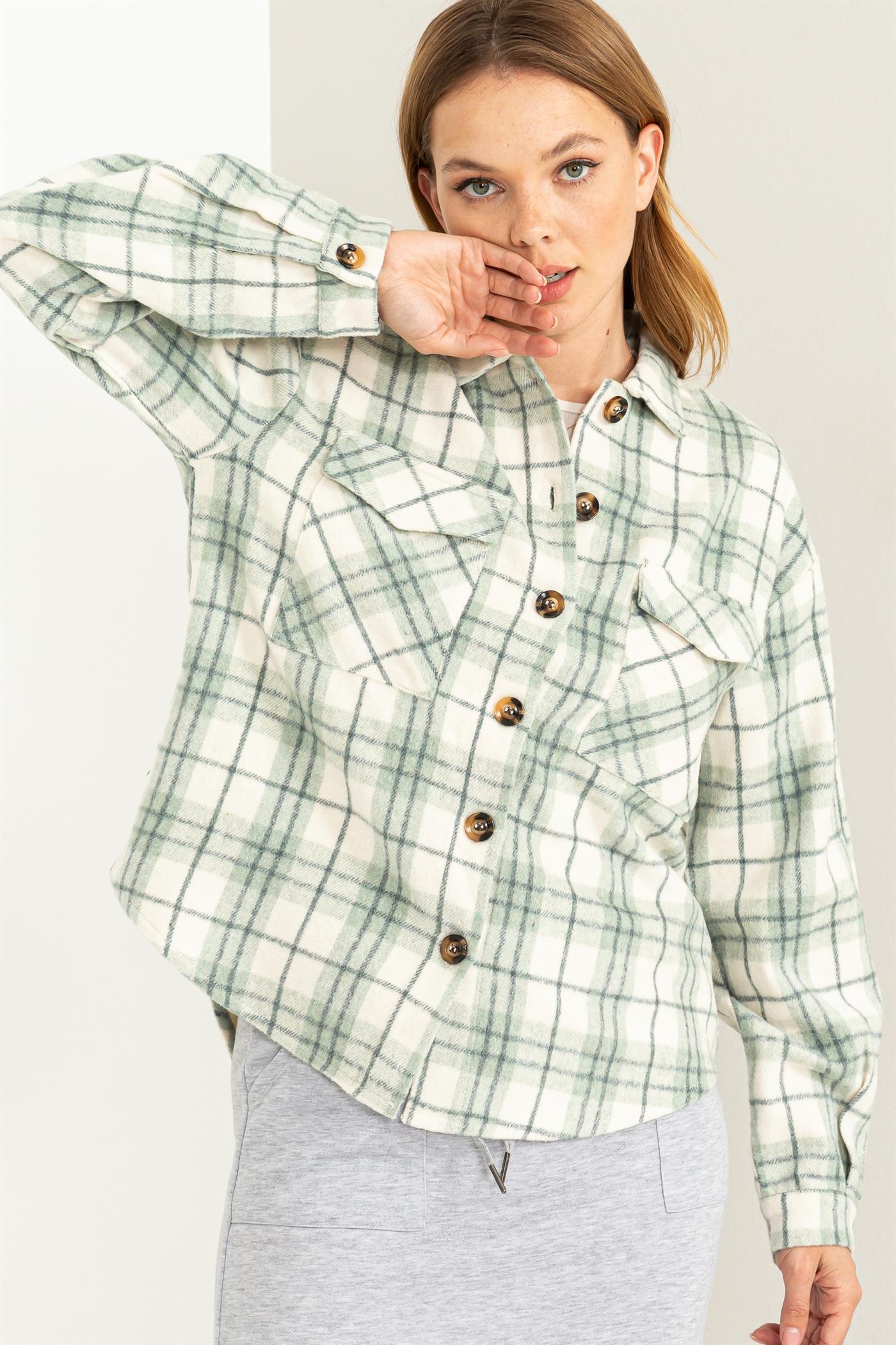 Wholesale Collared Plaid Shacket Shirts HF23G058 SAGE HYFVE