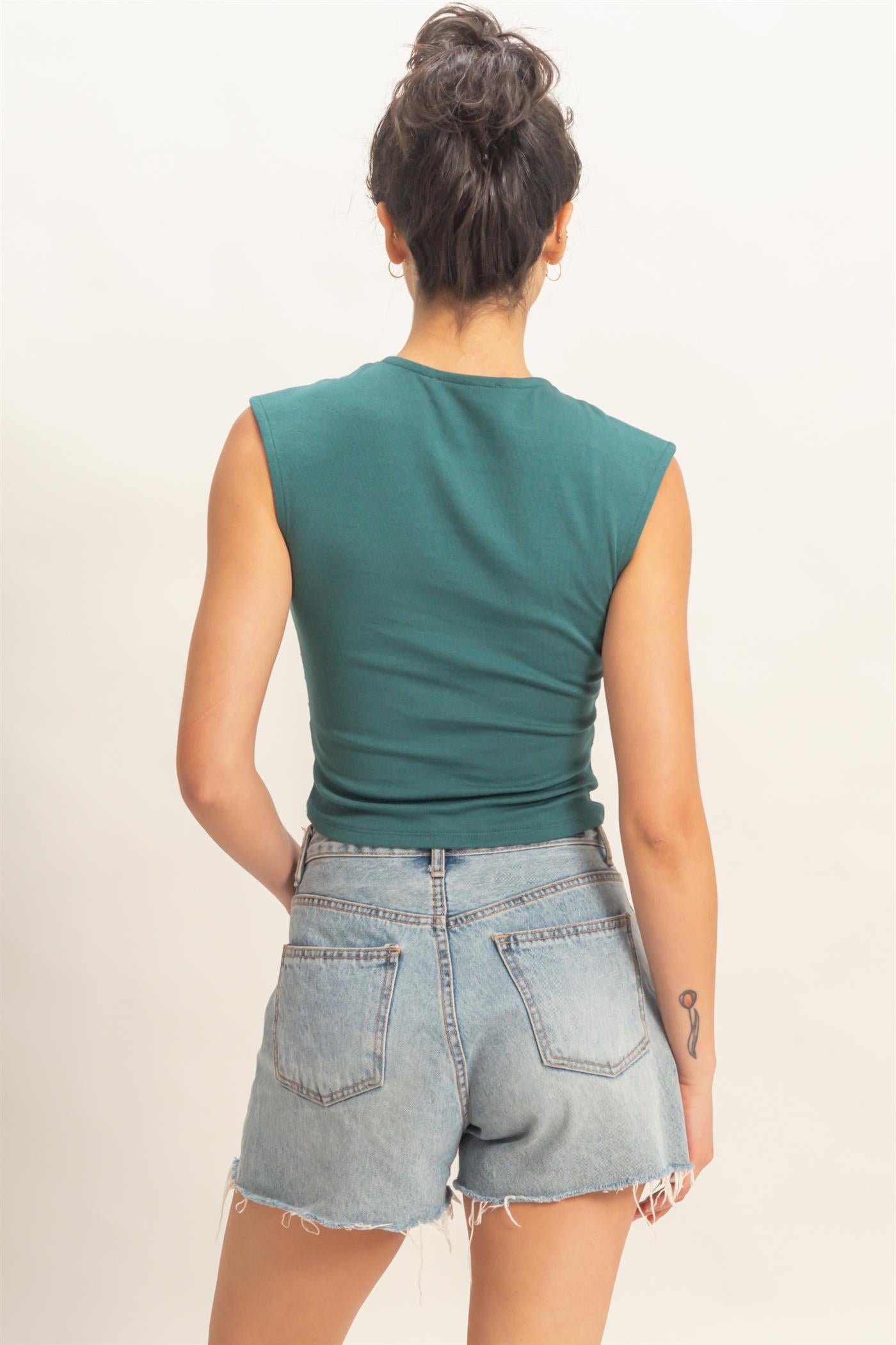 Wholesale Ruched Waist Cap Sleeve Top Clothing Tops DZ26A889 DARK TEAL DOUBLE ZERO