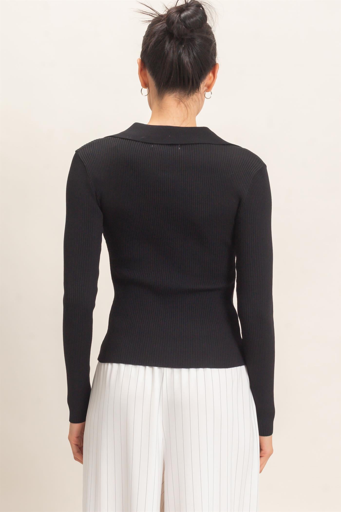 Wholesale Ribbed V-Neck Sweater With Collar Clothing Tops HF26E684 BLACK HYFVE
