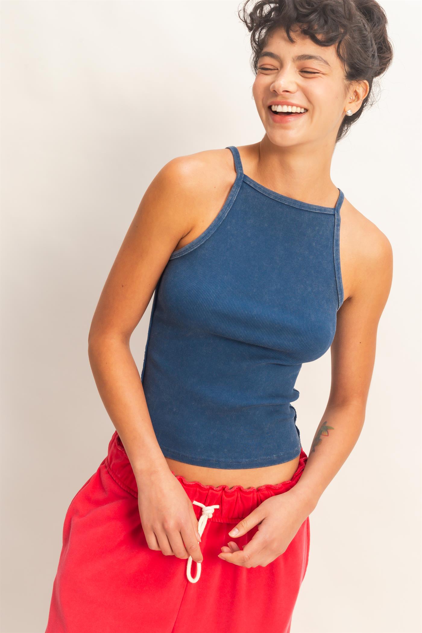 Wholesale Square Neck Acid Wash Tank Top Tank Tops DZ26C105 NAVY DOUBLE ZERO