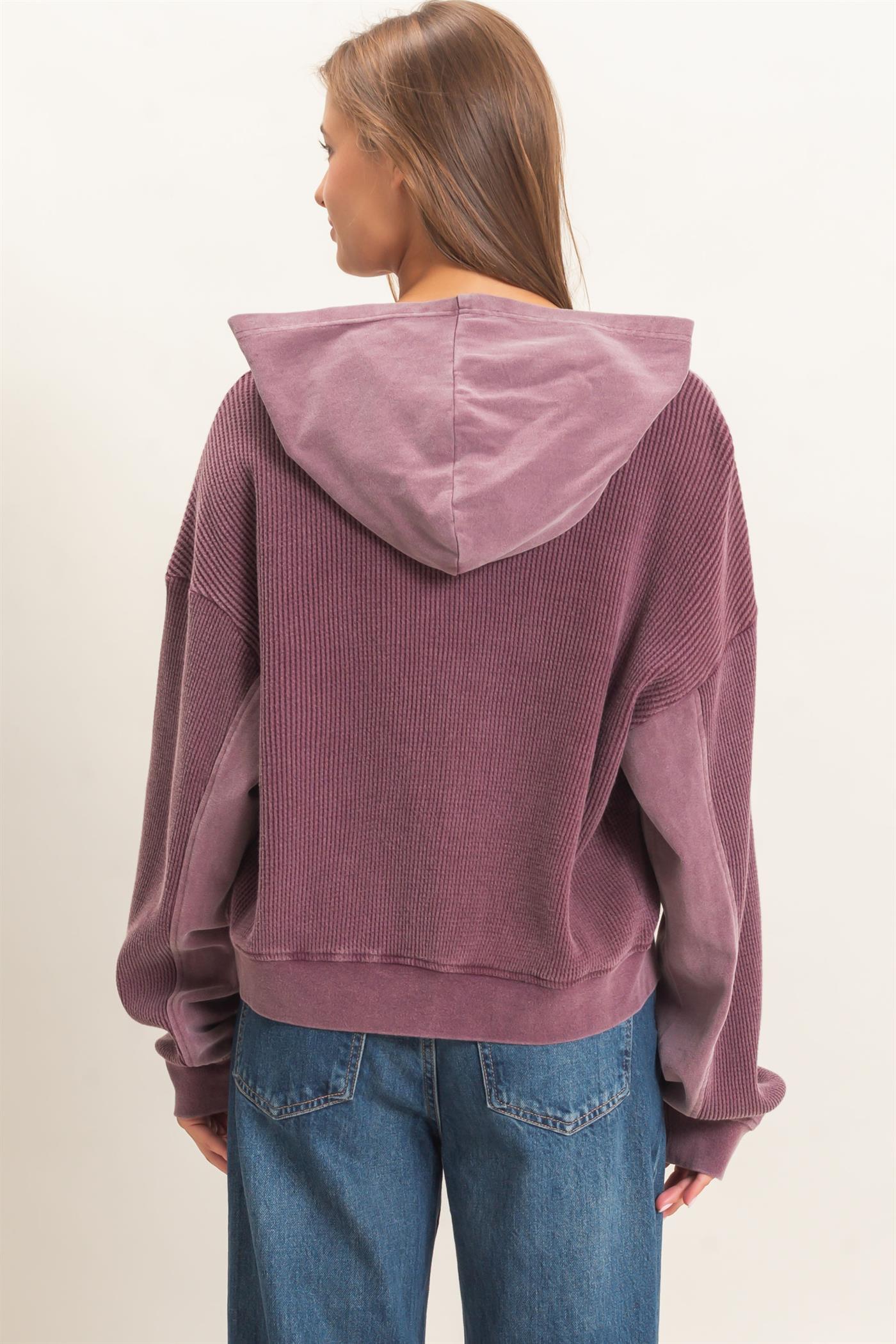 Wholesale Acid Wash Waffle Knit Zip-Up Hoodie Hoodies DZ26E401 DARK CHERRY DOUBLE ZERO