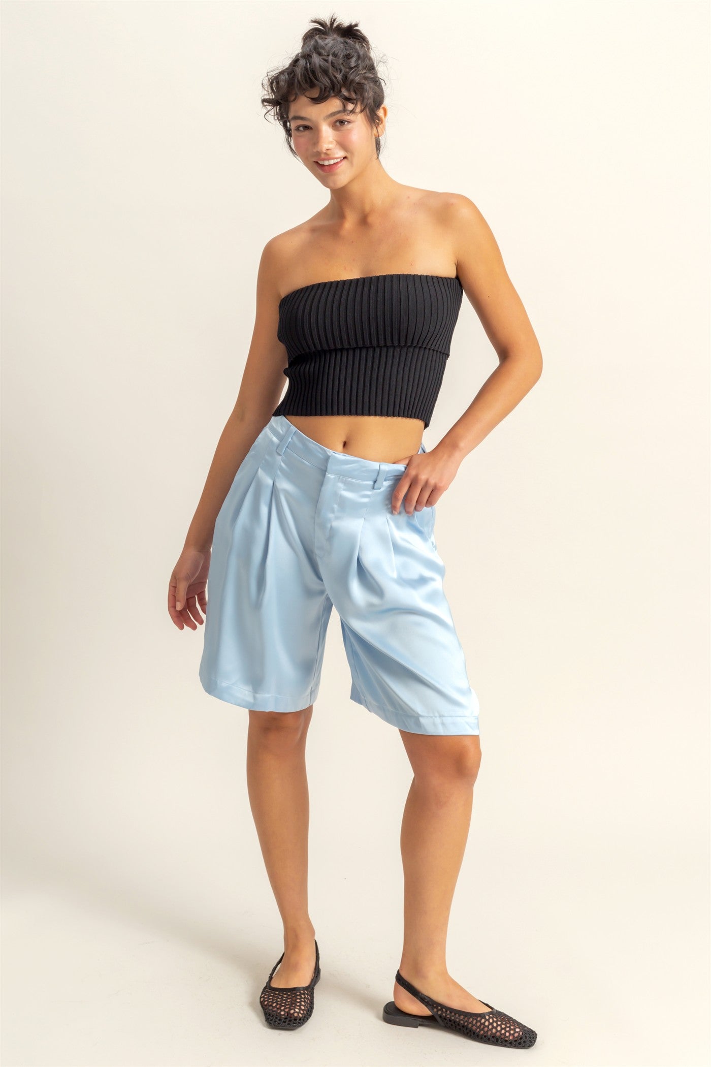 Wholesale High-Waist Pleated Satin Shorts Shorts DZ24E149 ICE BLUE DOUBLE ZERO
