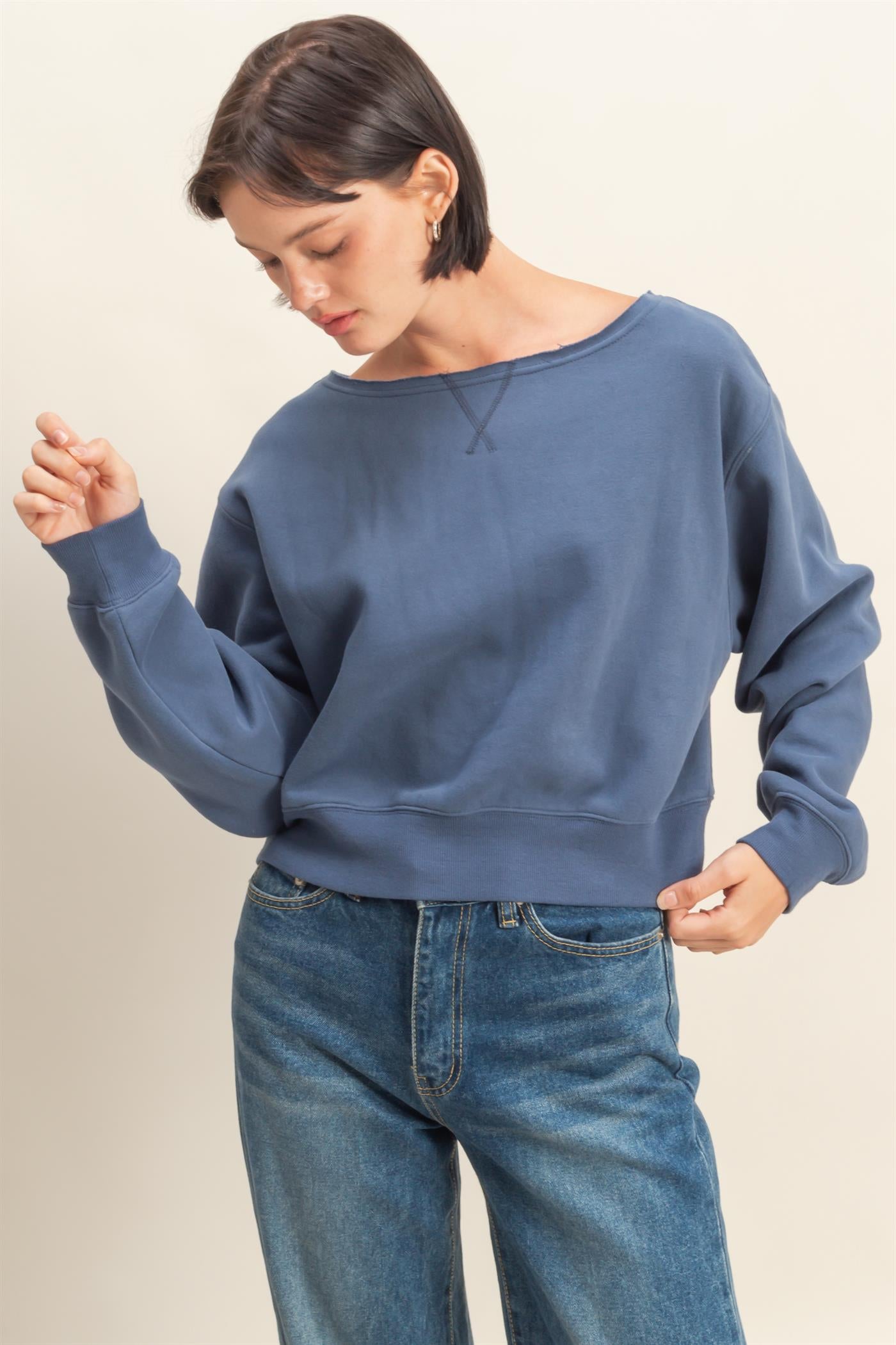 Wholesale Boatneck Long Sleeve Pullover Sweatshirt Sweatshirts DZ25E407 DUSTY NAVY DOUBLE ZERO