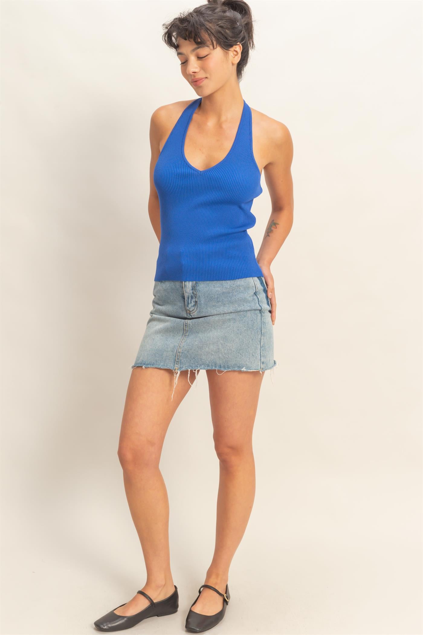 Wholesale Ribbed Halter Neck Top Clothing Tops DZ26C628 COBALT DOUBLE ZERO
