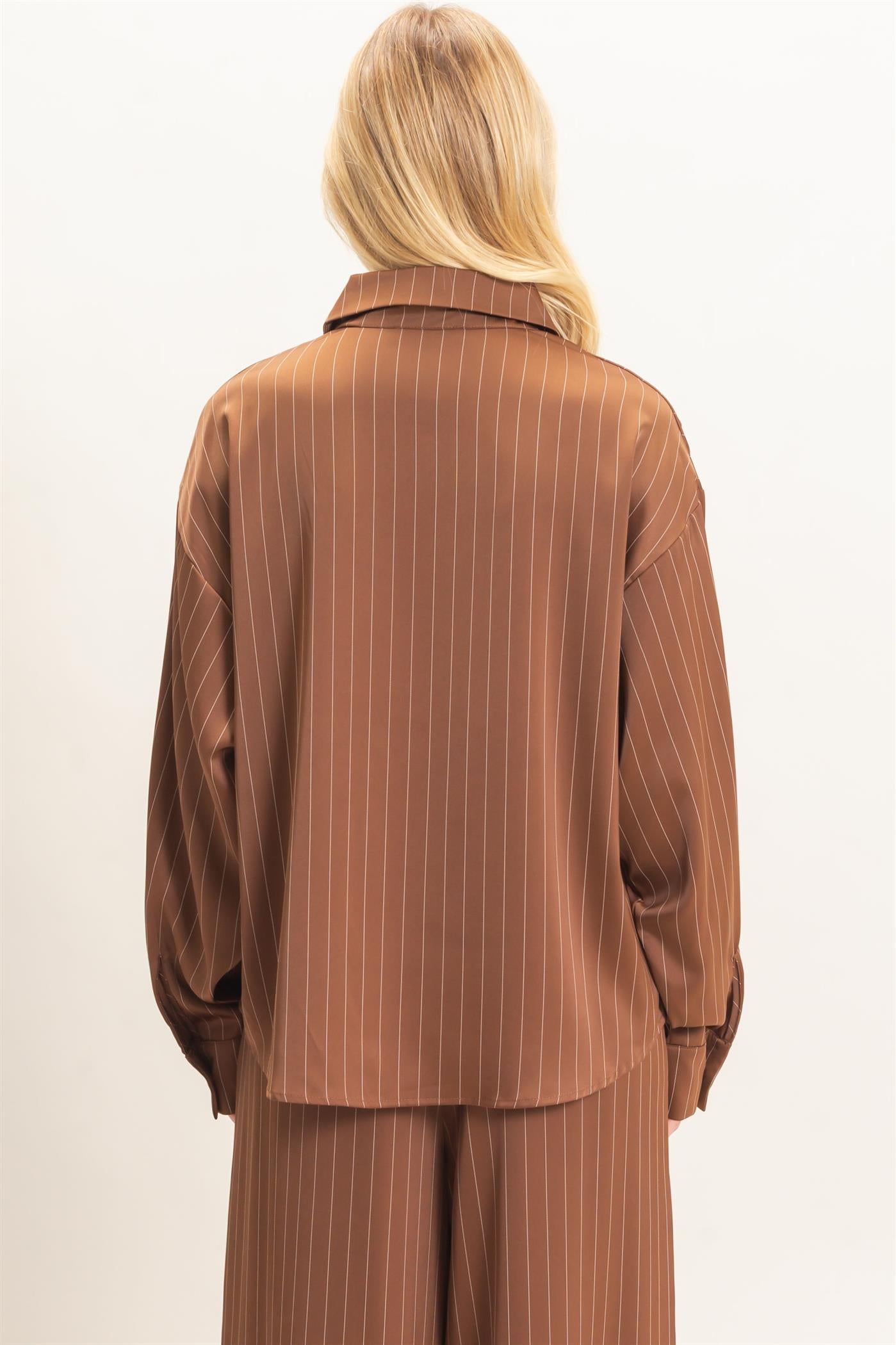 Wholesale Striped Button-Up Blouse Blouses HF26C953 CHOCOLATE HYFVE