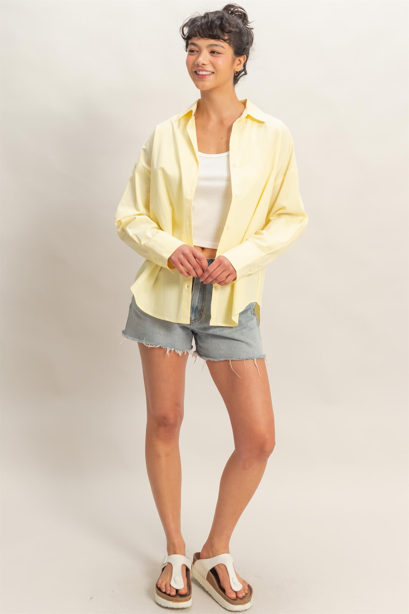 Wholesale Button Up Poplin Shirt Clothing Tops DZ26A330 PALE YELLOW HYFVE