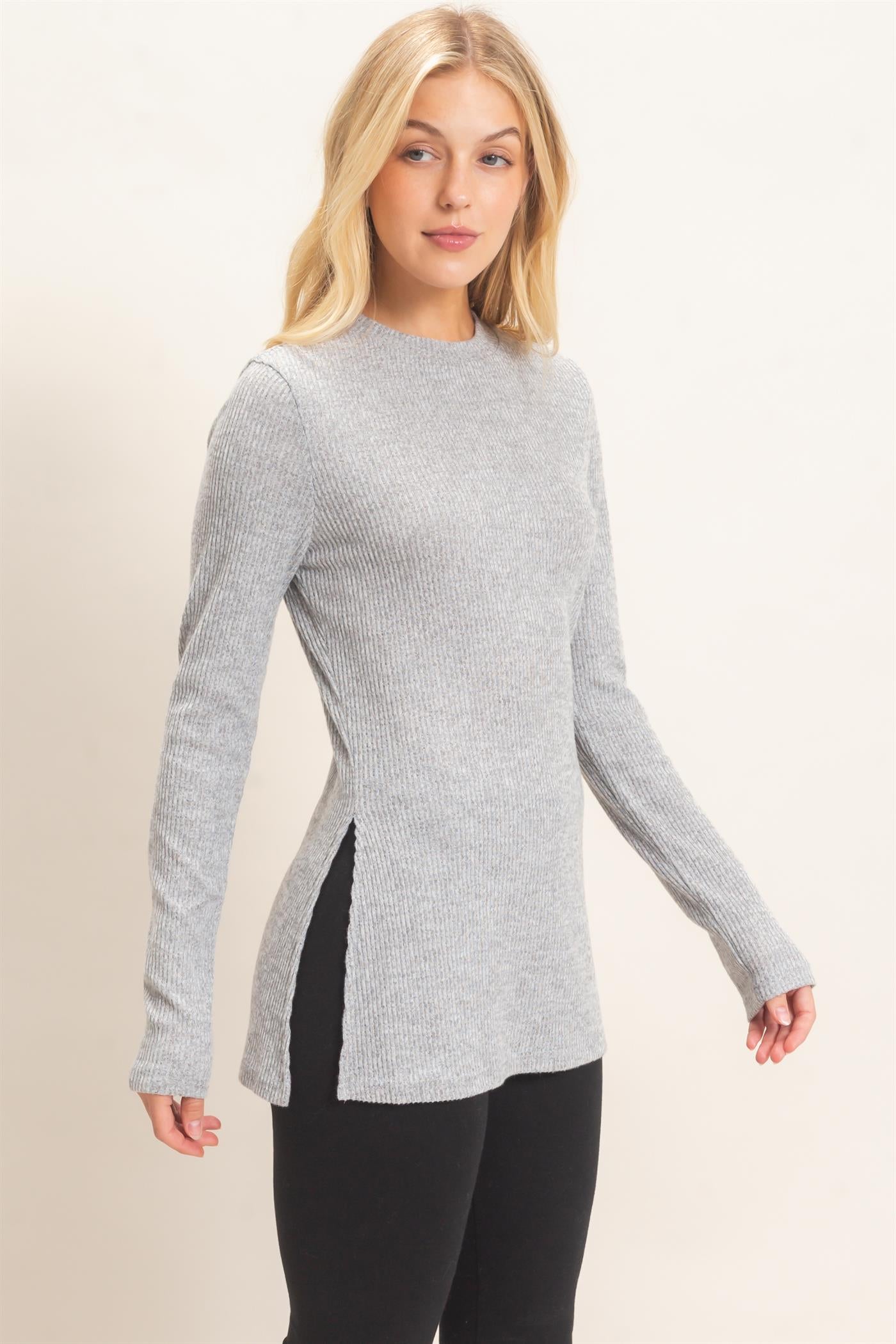 Wholesale Ribbed Crew Neck Sweater Clothing Tops HF26F034 GRAY HYFVE